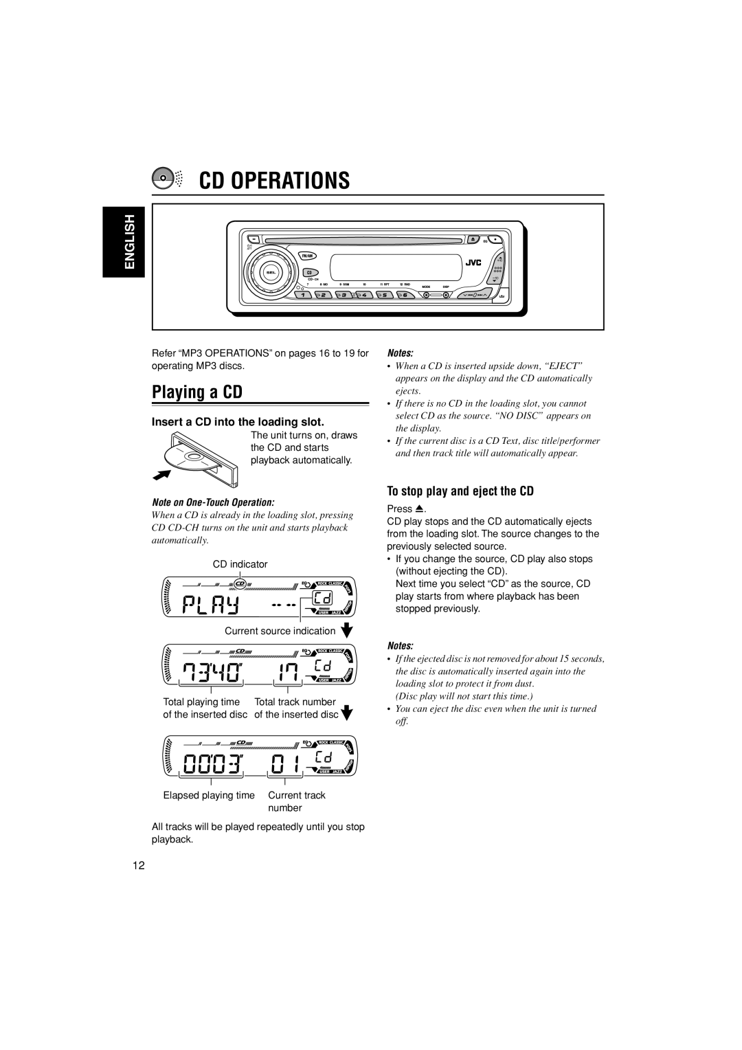 JVC GET0291-001A, KD-G456 CD Operations, Playing a CD, To stop play and eject the CD, Insert a CD into the loading slot 