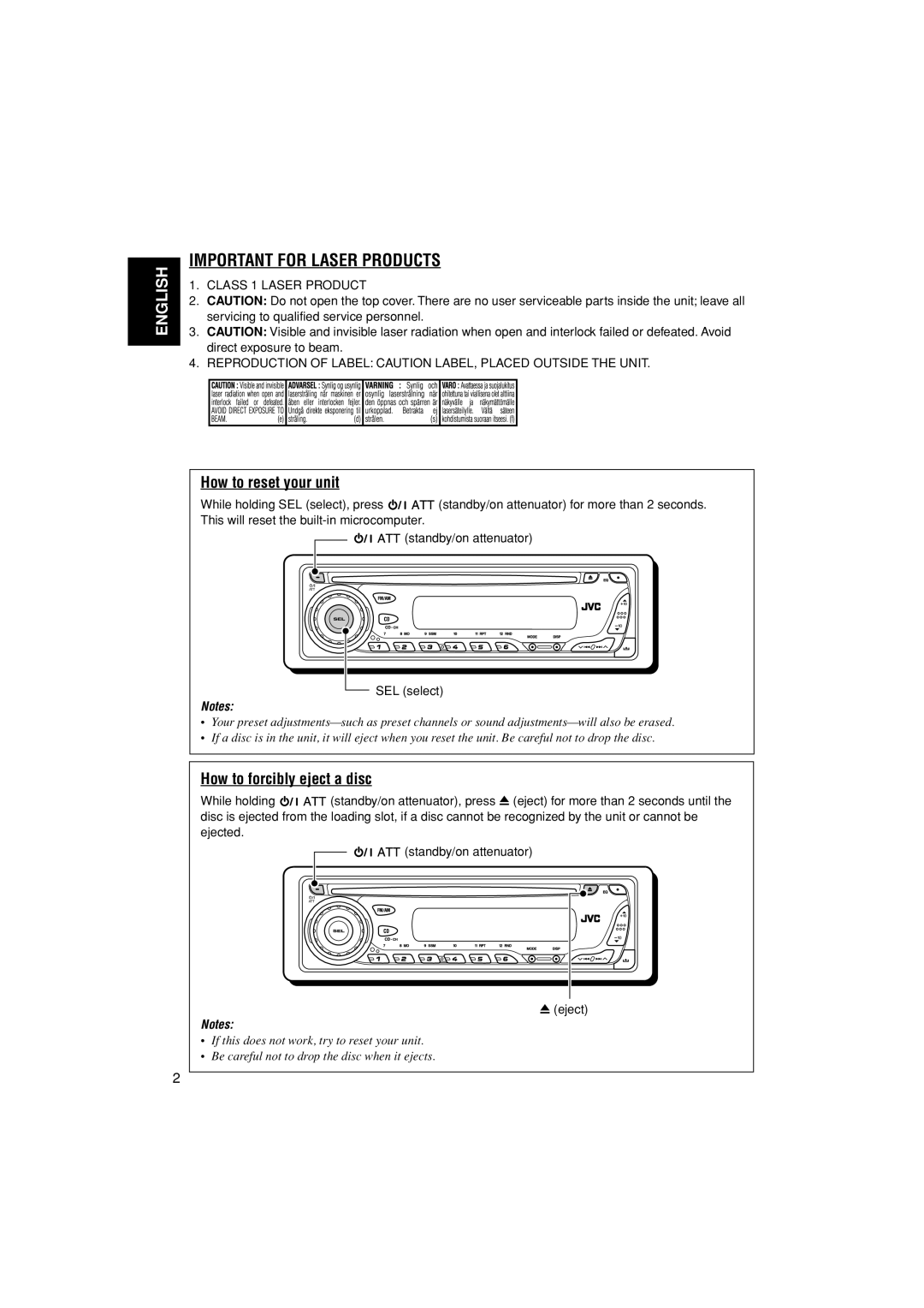 JVC KD-G456, GET0291-001A, GET0291-002A manual How to reset your unit, How to forcibly eject a disc 