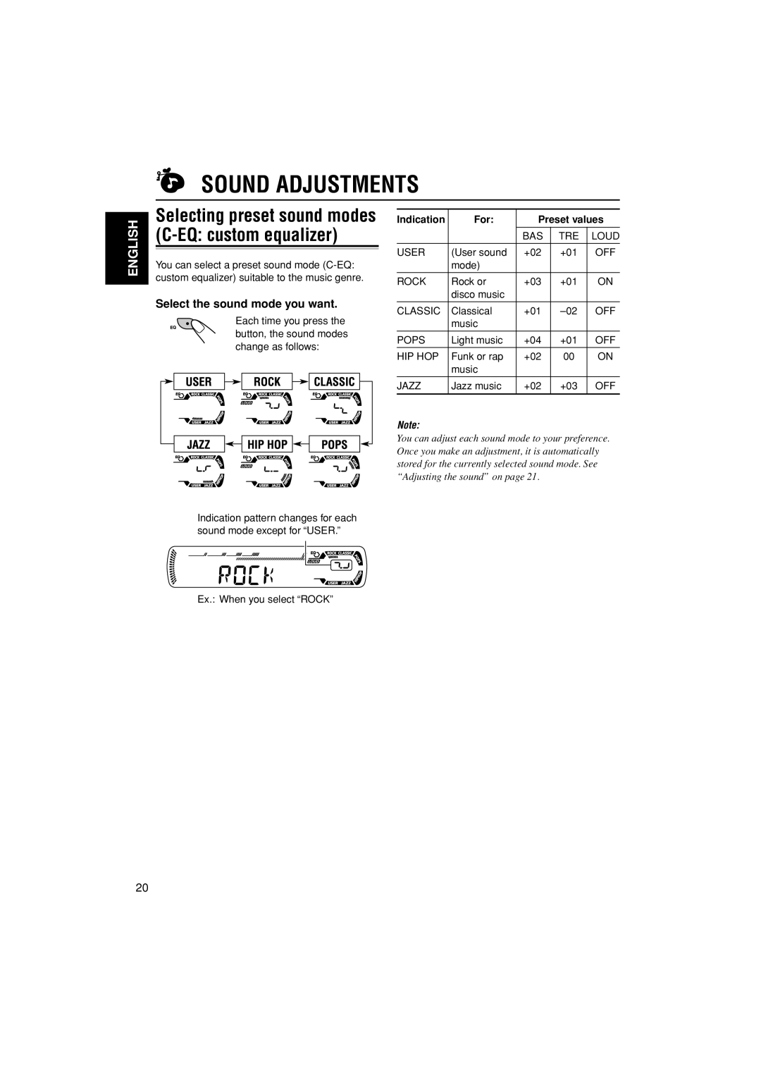 JVC KD-G456, GET0291-001A, GET0291-002A Sound Adjustments, Select the sound mode you want, Indication For Preset values 