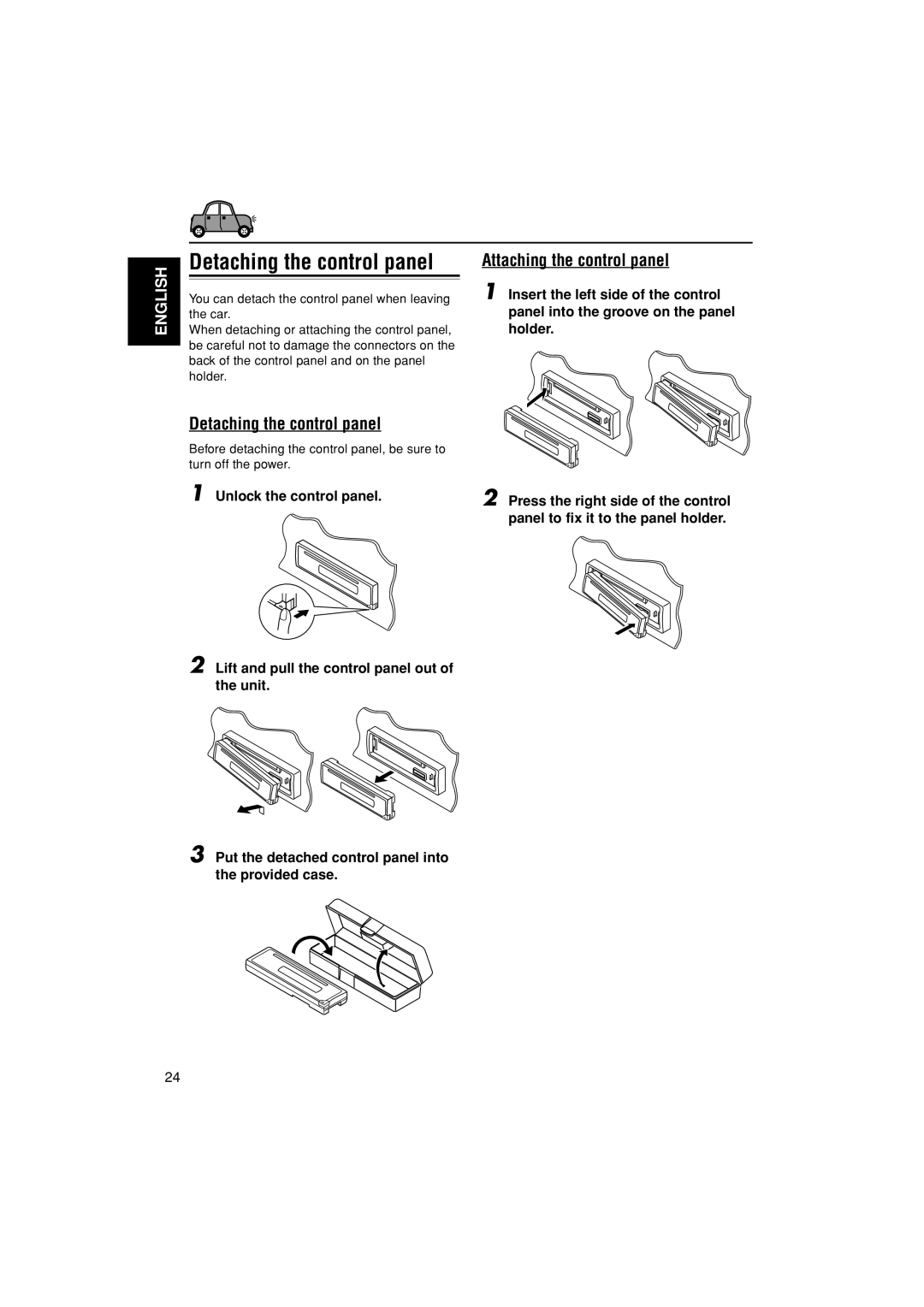 JVC GET0291-001A, GET0291-002A, KD-G456 manual Detaching the control panel, Attaching the control panel 