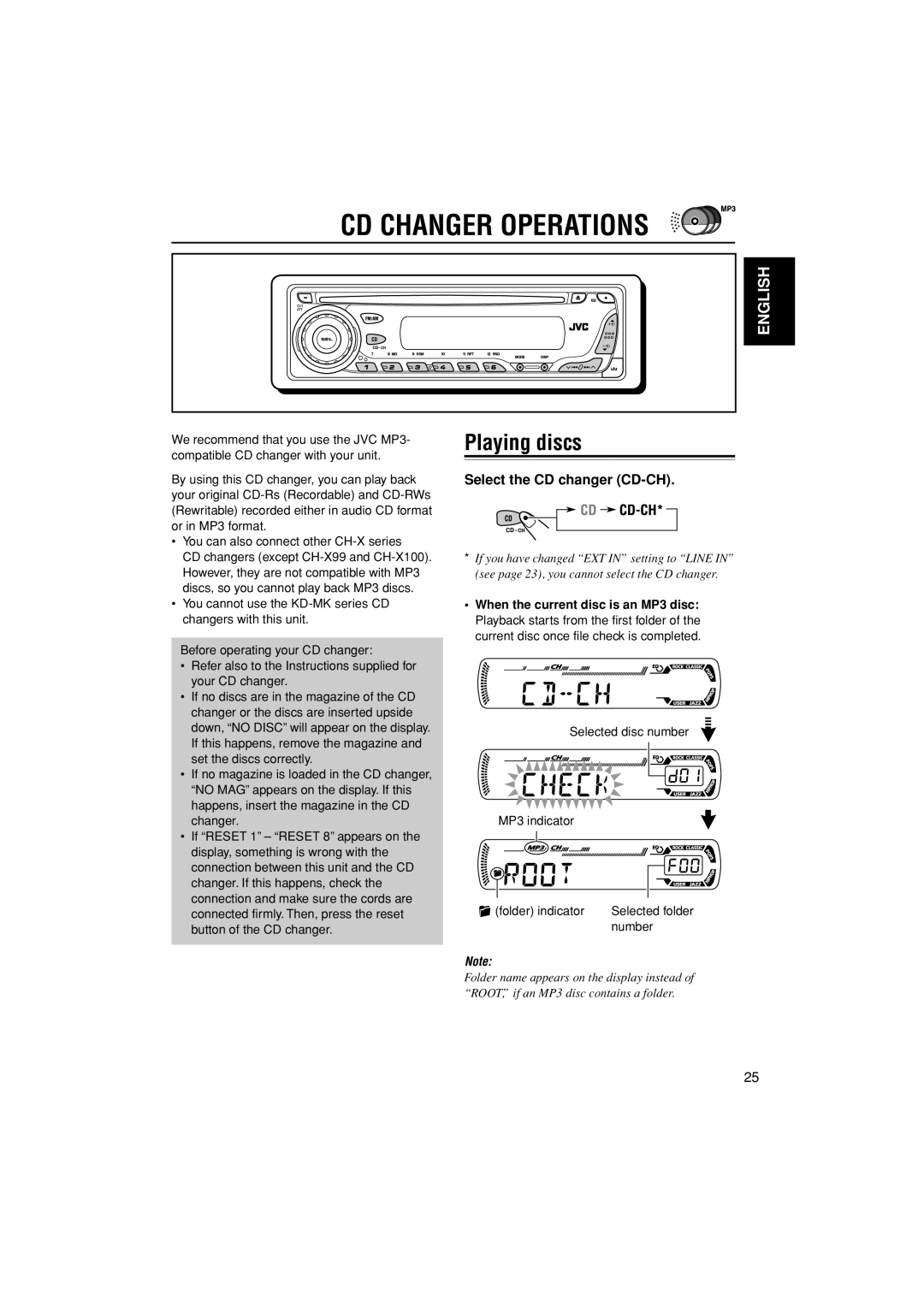 JVC GET0291-002A, GET0291-001A, KD-G456 manual CD Changer Operations, Playing discs, Select the CD changer CD-CH 