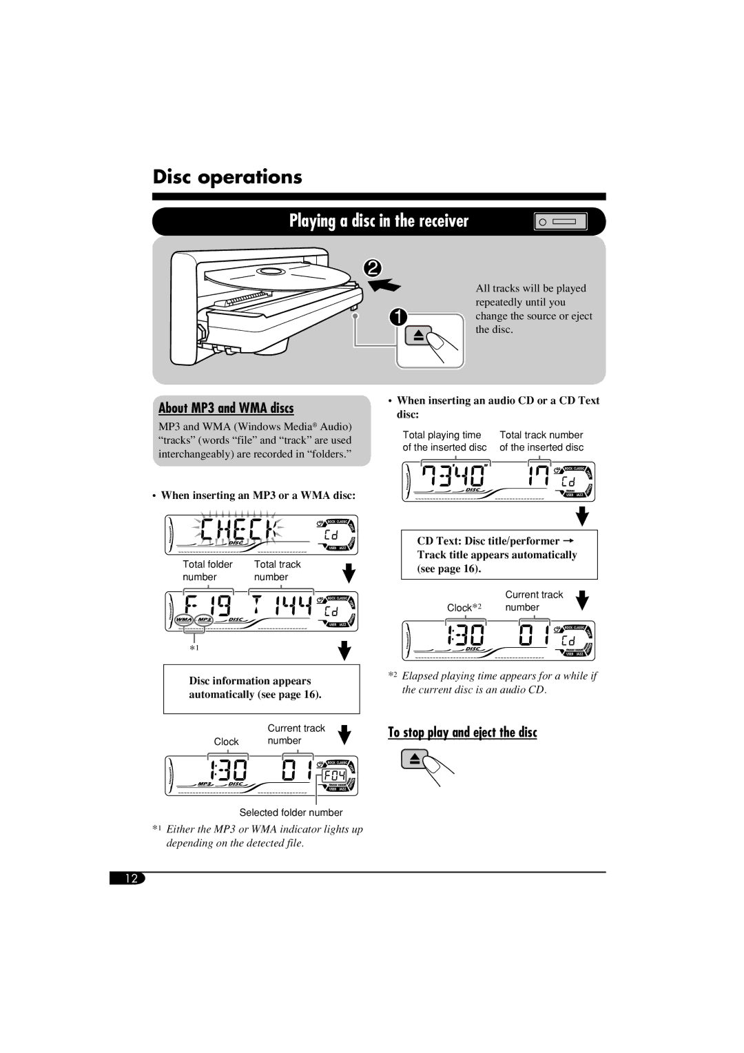 JVC GET0305-001A Disc operations, Playing a disc in the receiver, About MP3 and WMA discs, To stop play and eject the disc 