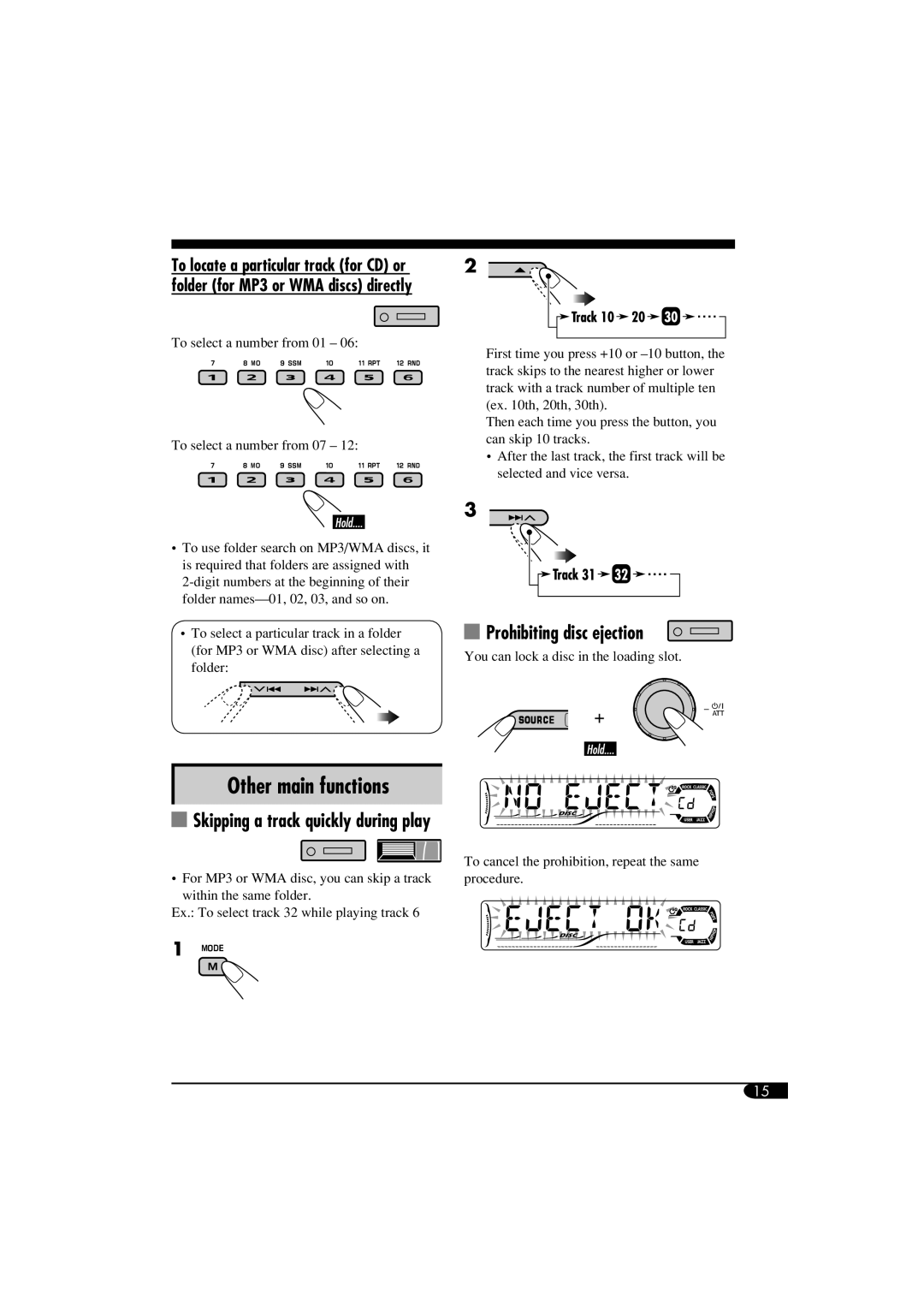 JVC GET0305-001A, KD-G614, KD-G514 Other main functions, Prohibiting disc ejection, Skipping a track quickly during play 