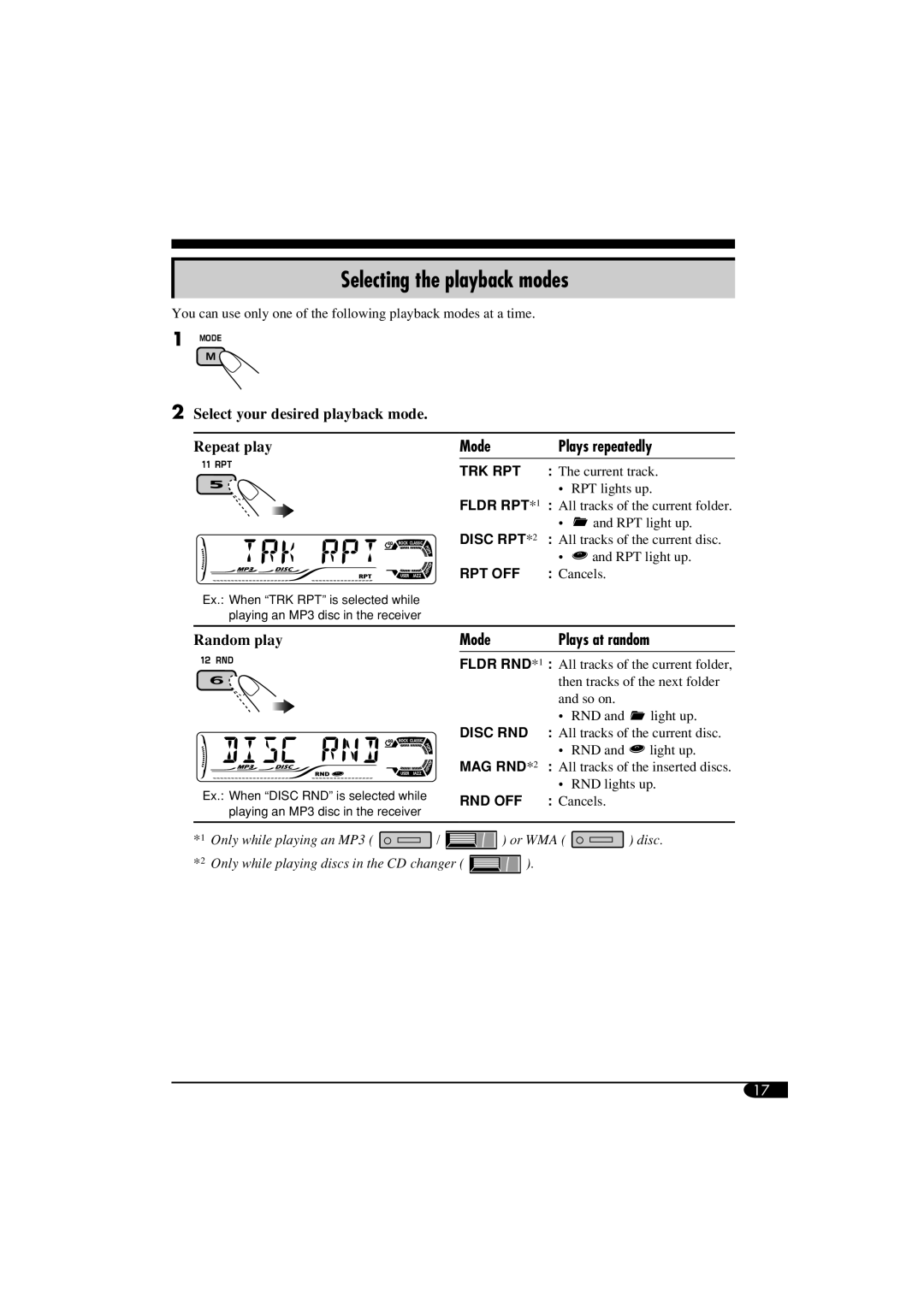 JVC KD-G514, GET0305-001A, KD-G614 manual Selecting the playback modes, Mode Plays repeatedly, Mode Plays at random 