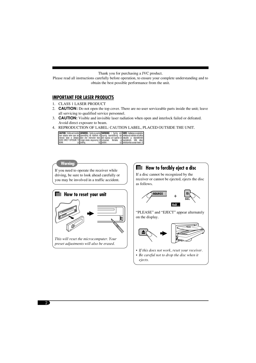 JVC KD-G514, GET0305-001A, KD-G614 manual How to forcibly eject a disc, How to reset your unit 