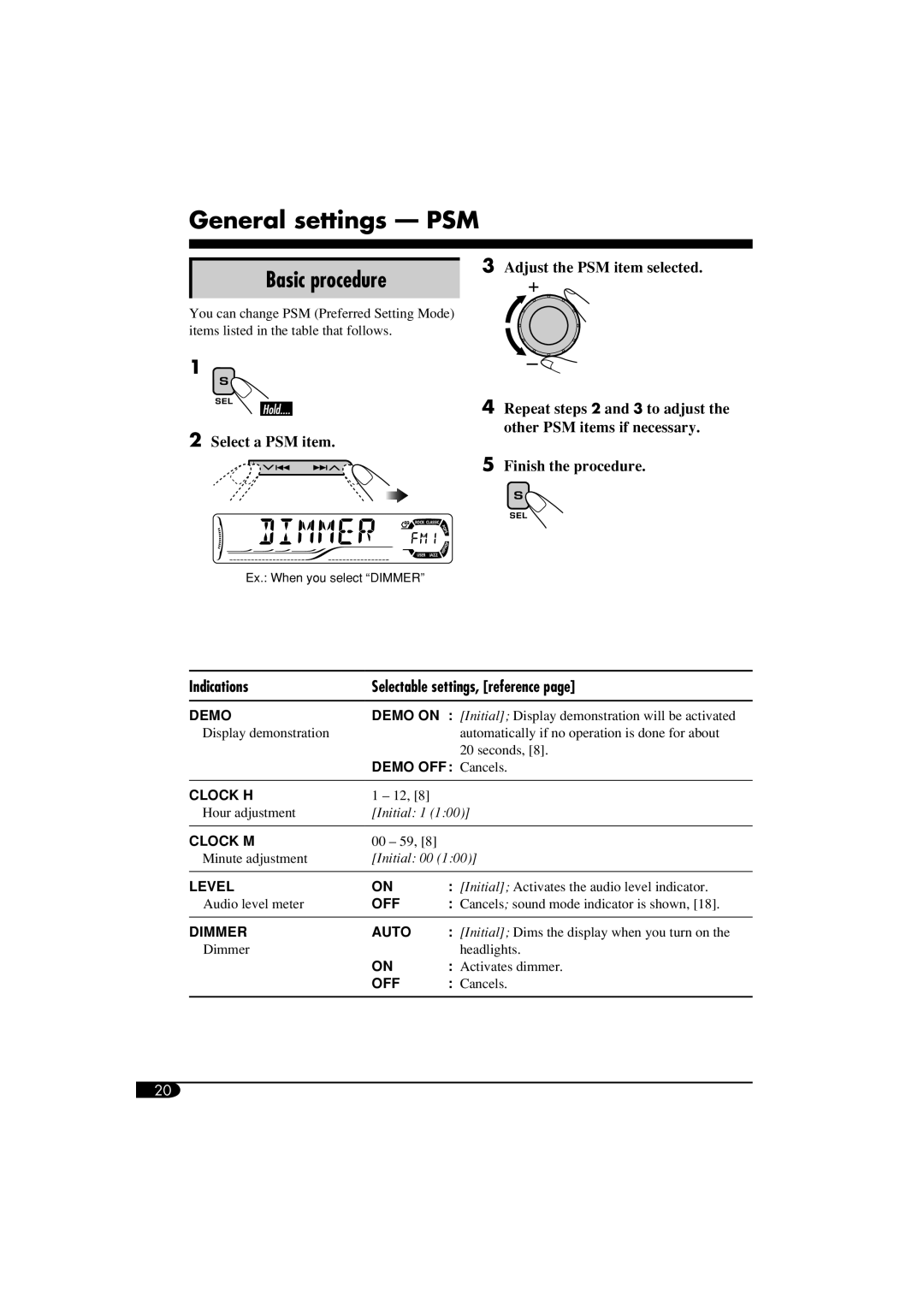 JVC KD-G514, GET0305-001A, KD-G614 manual General settings PSM, Basic procedure 