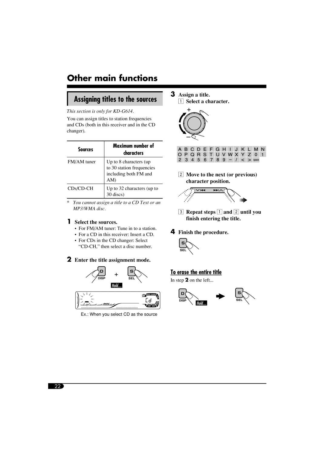 JVC KD-G614, GET0305-001A, KD-G514 manual Other main functions, Assigning titles to the sources, Sources, Characters 