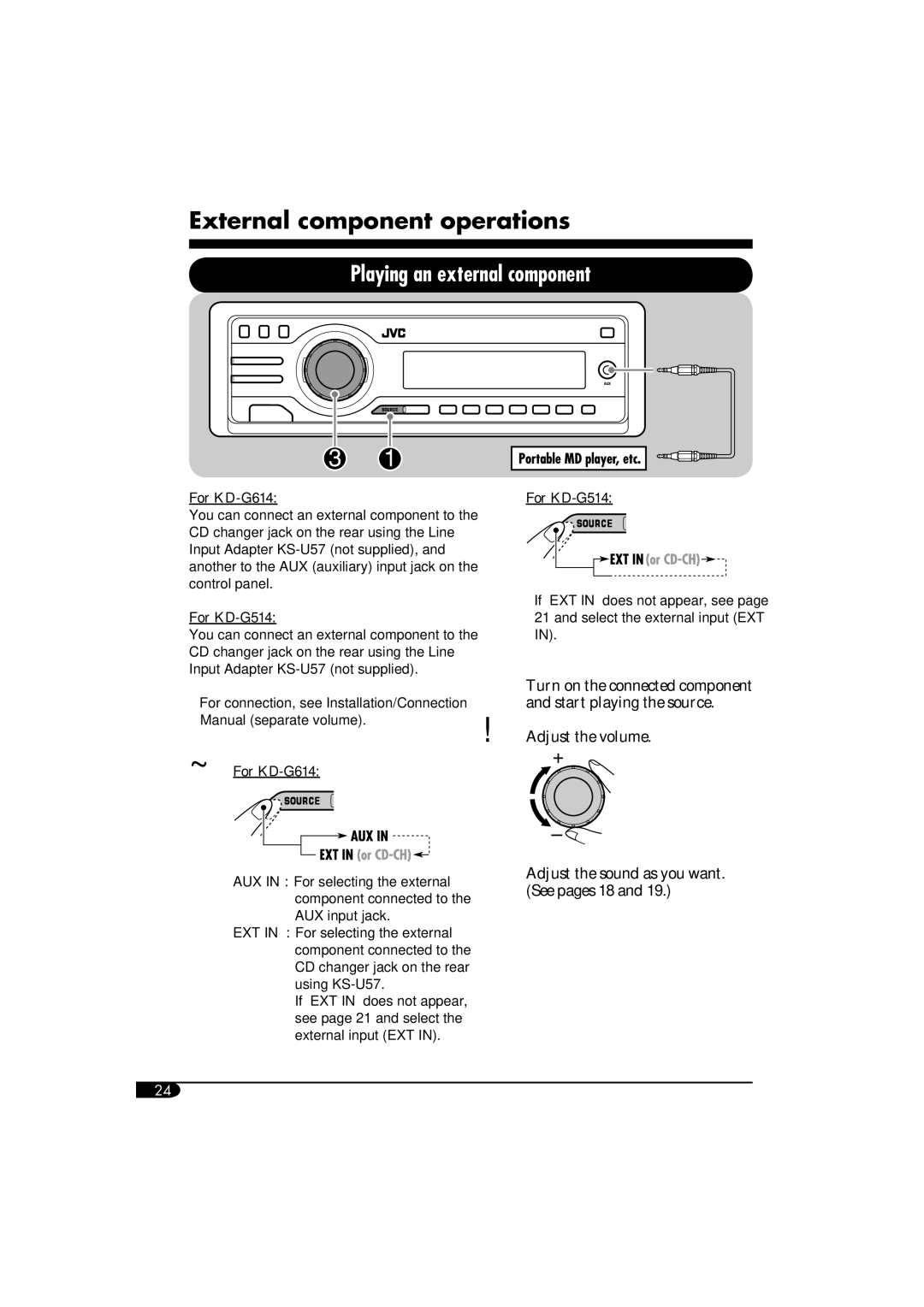 JVC GET0305-001A, KD-G614, KD-G514 manual External component operations, Playing an external component 