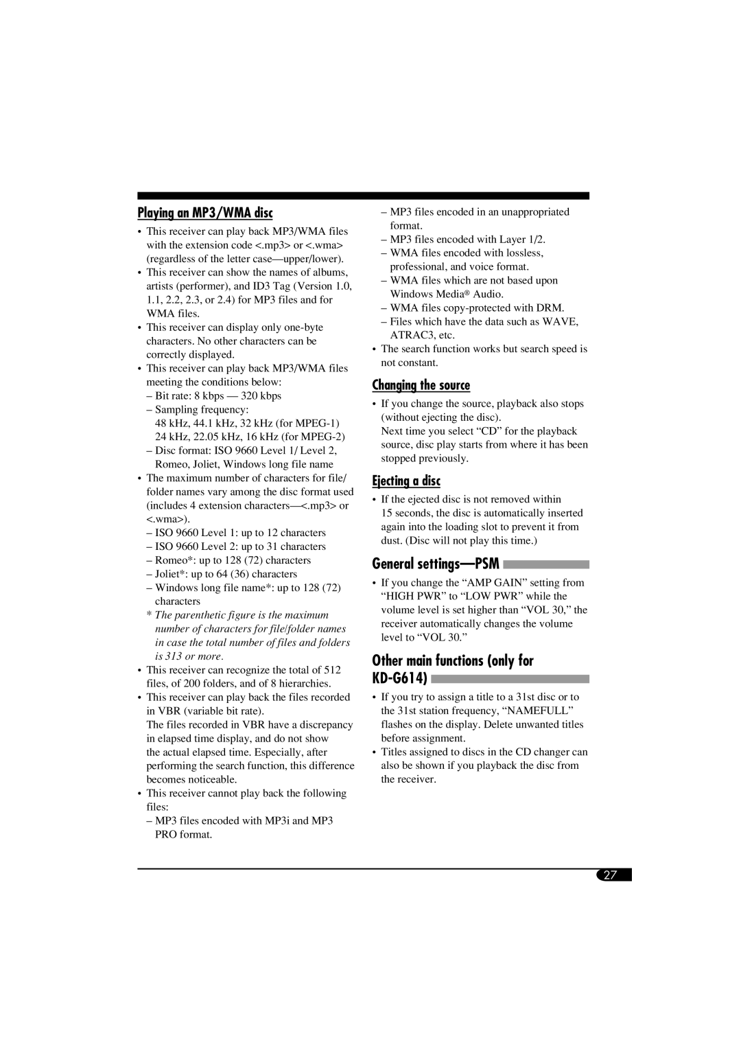 JVC GET0305-001A, KD-G614, KD-G514 manual General settings-PSM, Playing an MP3/WMA disc, Changing the source, Ejecting a disc 