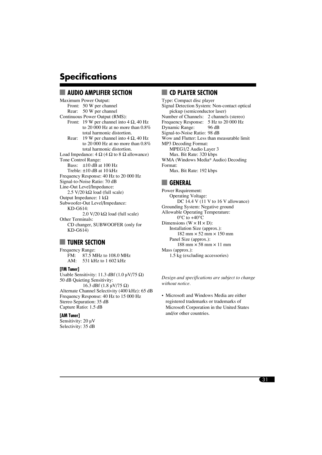 JVC KD-G614, GET0305-001A, KD-G514 manual Specifications, Audio Amplifier Section 