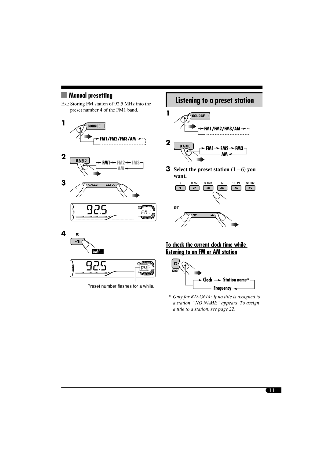 JVC KD-G514, GET0305-001A Manual presetting, Select the preset station 1 - 6 you want or, Listening to a preset station 