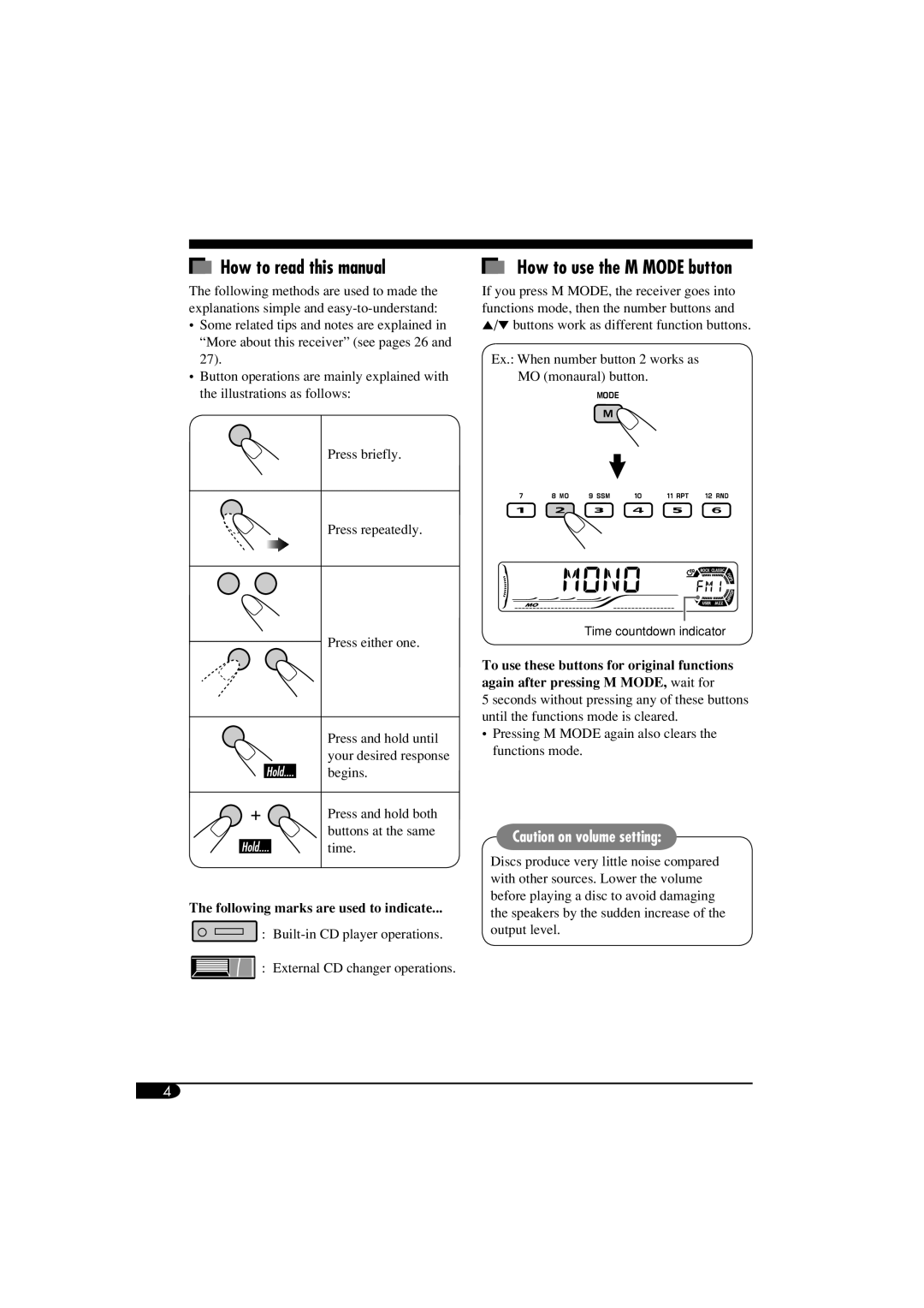 JVC KD-G614, GET0305-001A, KD-G514 How to read this manual, How to use the M MODE button, Caution on volume setting 