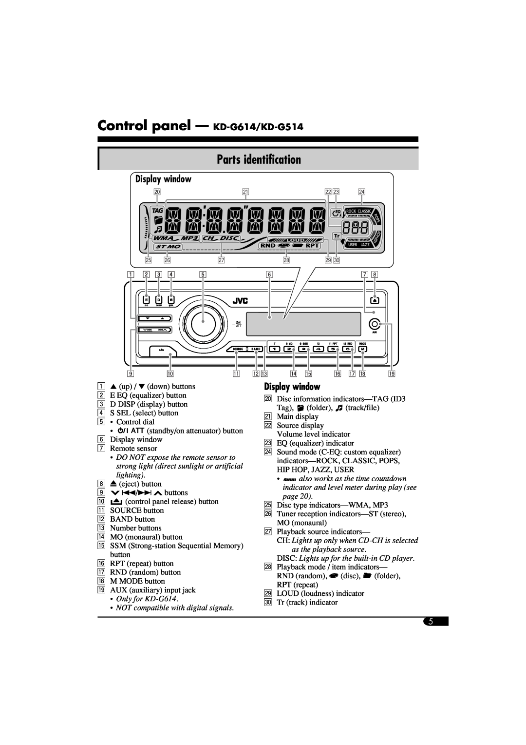 JVC Control panel - KD-G614/KD-G514, Parts identification, Display window, lighting, also works as the time countdown 