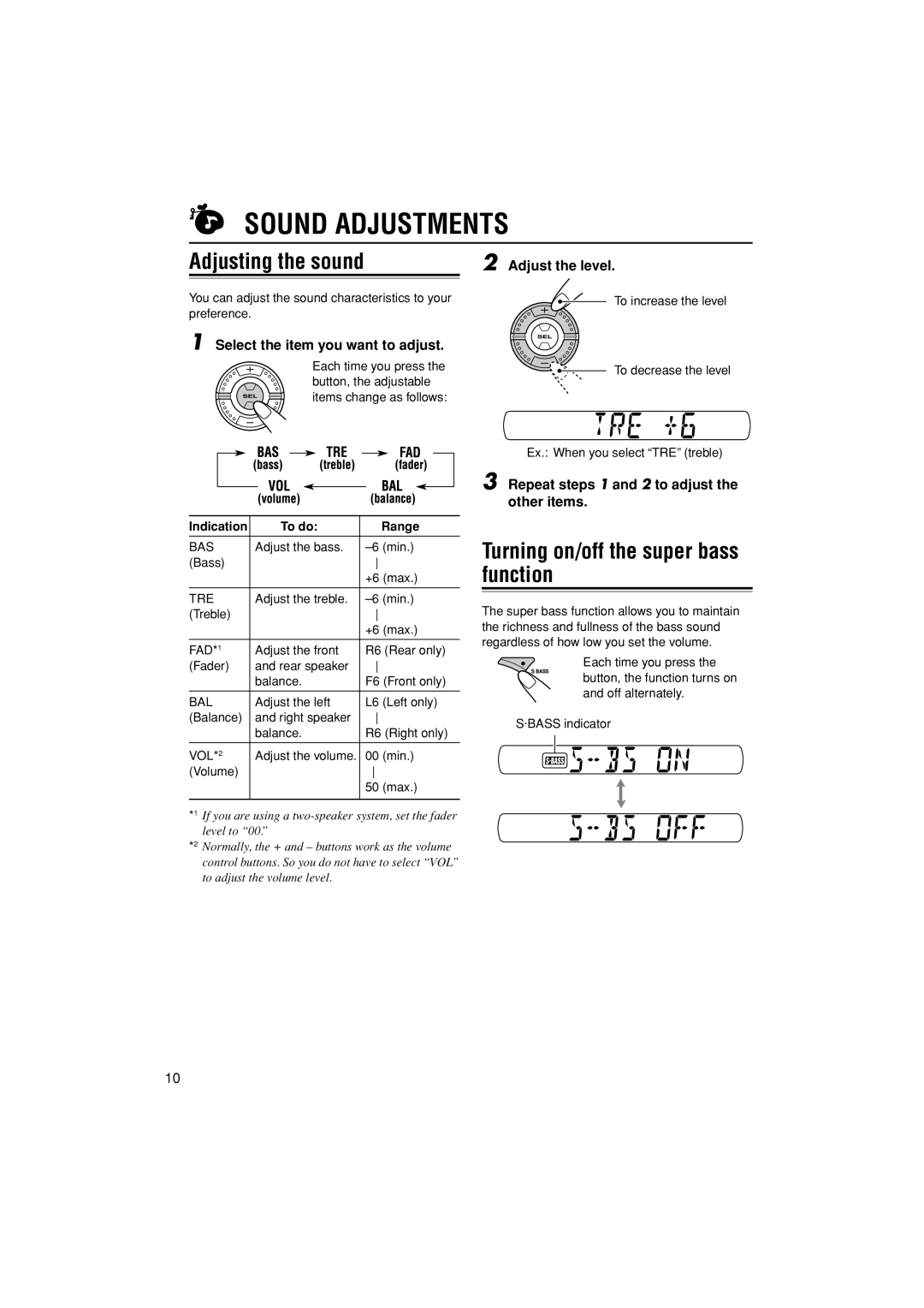 JVC GET0309-001A, KS-FX384 manual Sound Adjustments, Adjusting the sound, Turning on/off the super bass function 