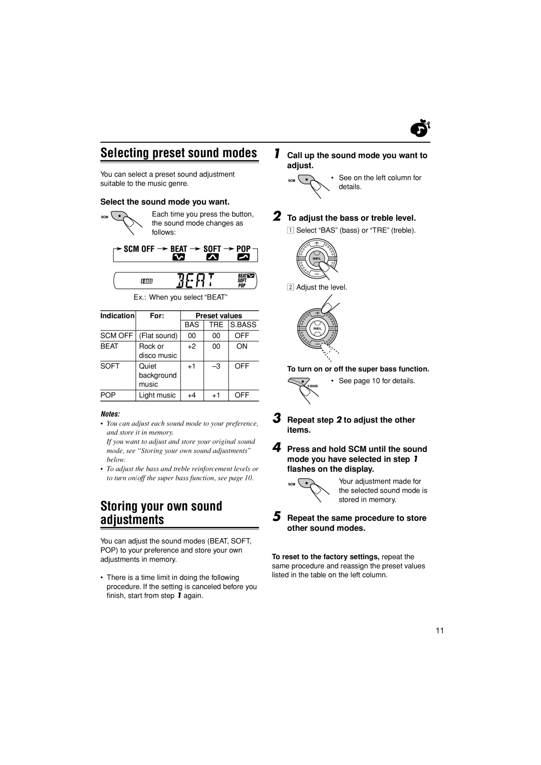 JVC KS-FX384 Storing your own sound adjustments, Select the sound mode you want, Call up the sound mode you want to adjust 