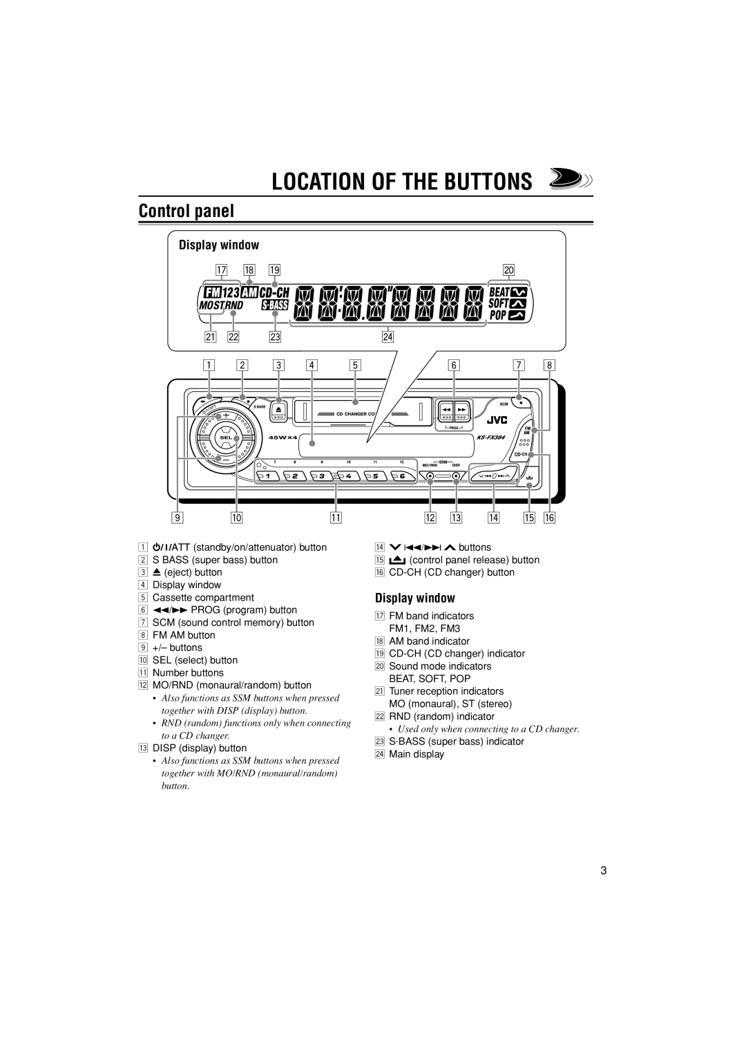 JVC KS-FX384, GET0309-001A manual Location of the Buttons, Control panel, Display window 