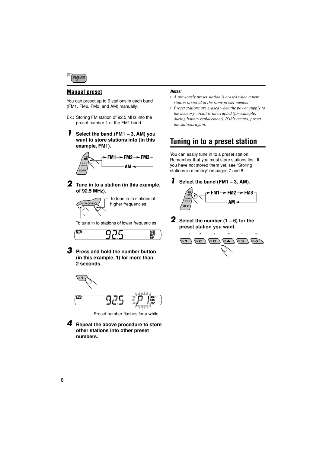 JVC GET0309-001A, KS-FX384 manual Tuning in to a preset station, Manual preset 