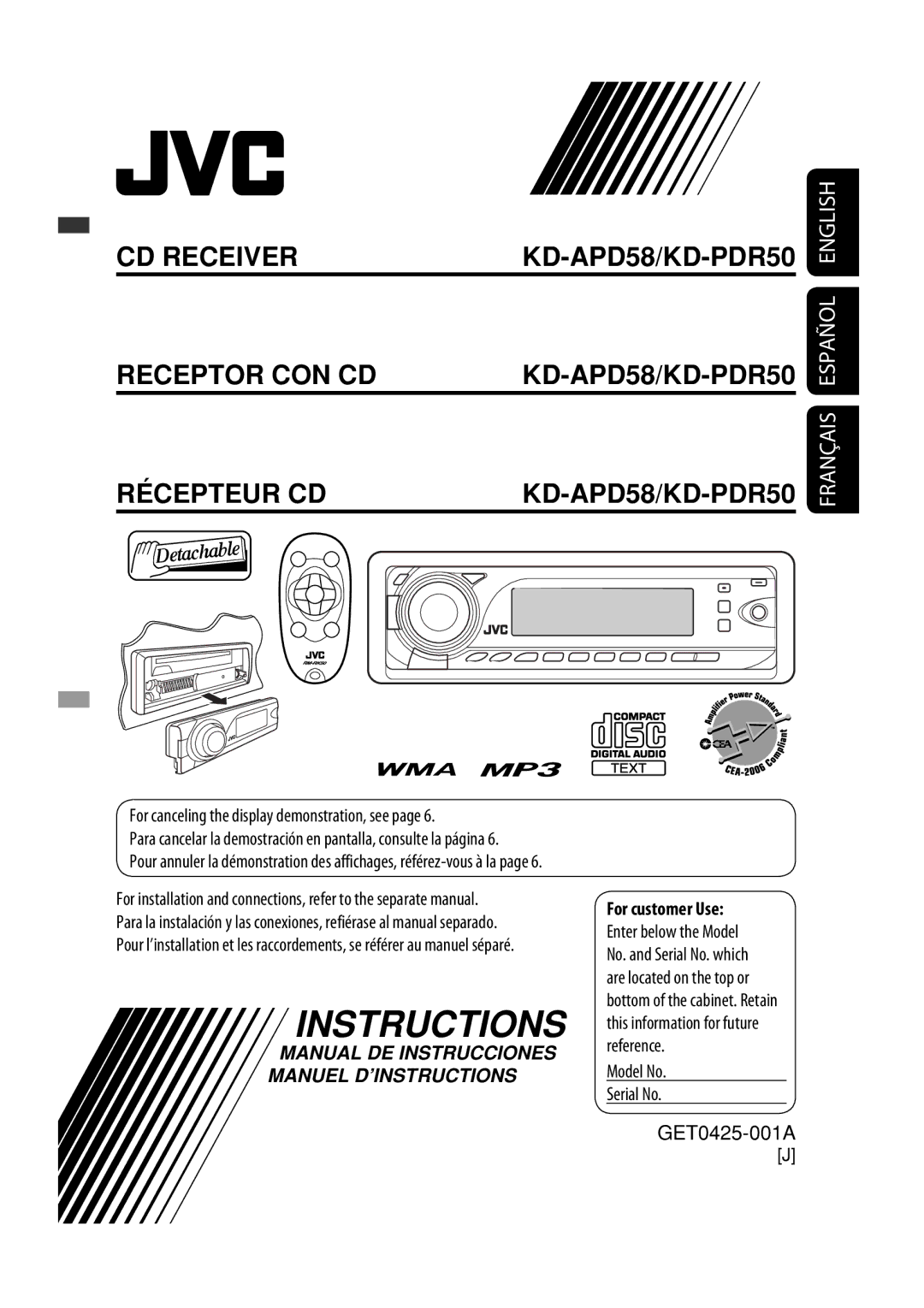 JVC manual For customer Use, Model No Serial No GET0425-001A 