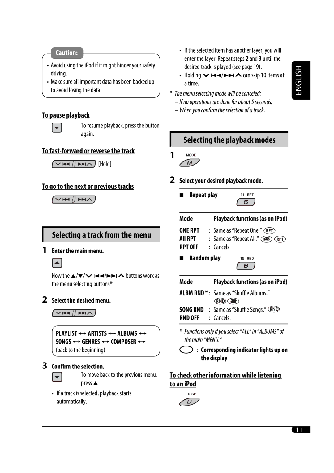 JVC GET0425-001A manual To pause playback, To check other information while listening to an iPod 