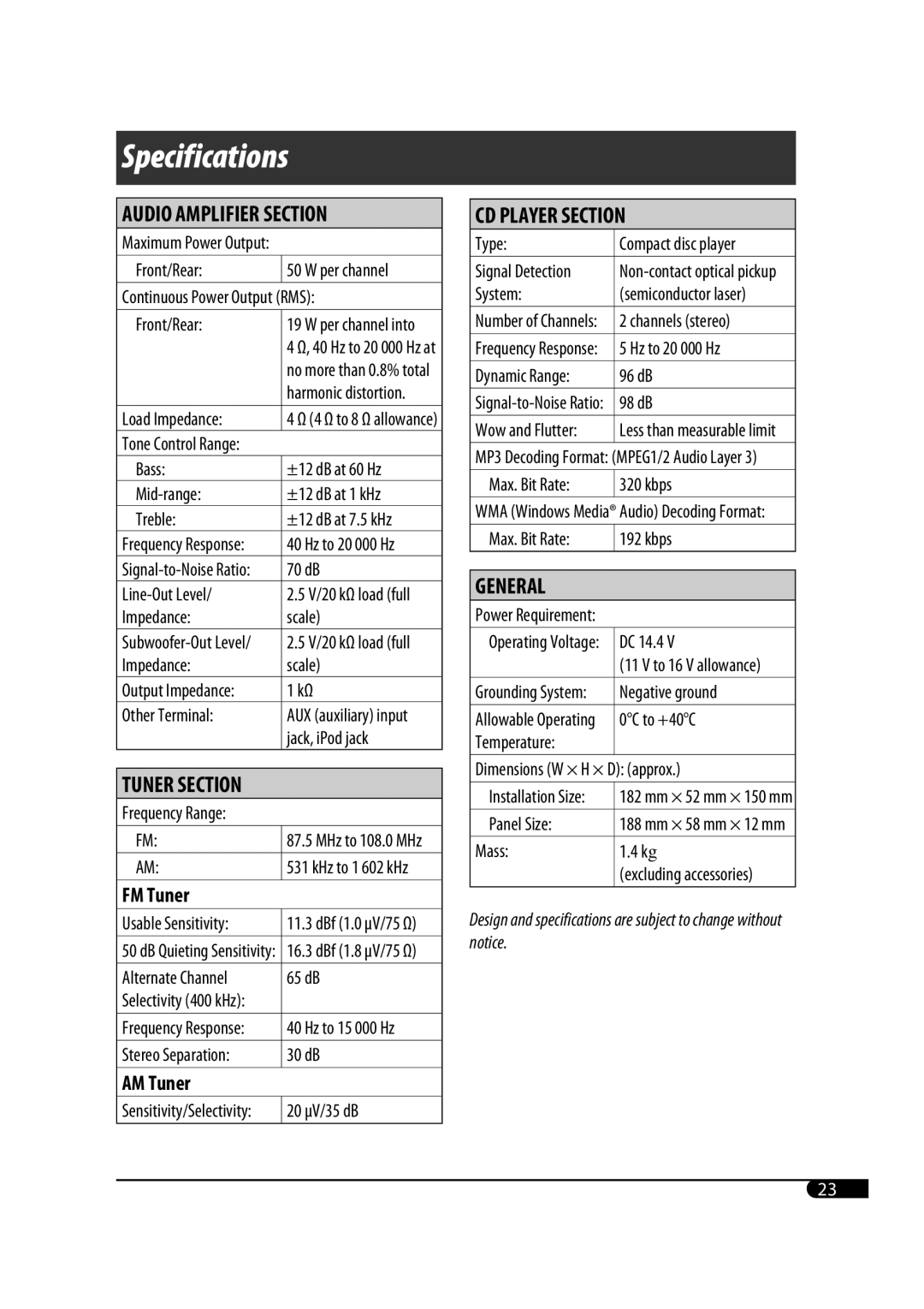 JVC GET0425-001A Maximum Power Output Front/Rear, Bass ±12 dB at 60 Hz Mid-range ±12 dB at 1 kHz Treble, Impedance Scale 