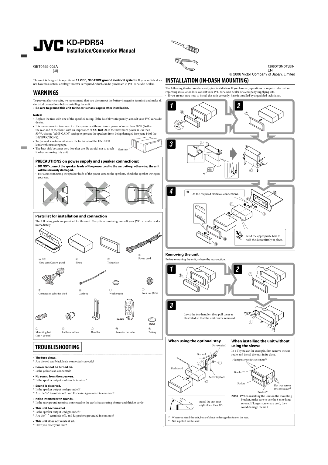 JVC GET0425-001A manual When using the optional stay, When installing the unit without using the sleeve 