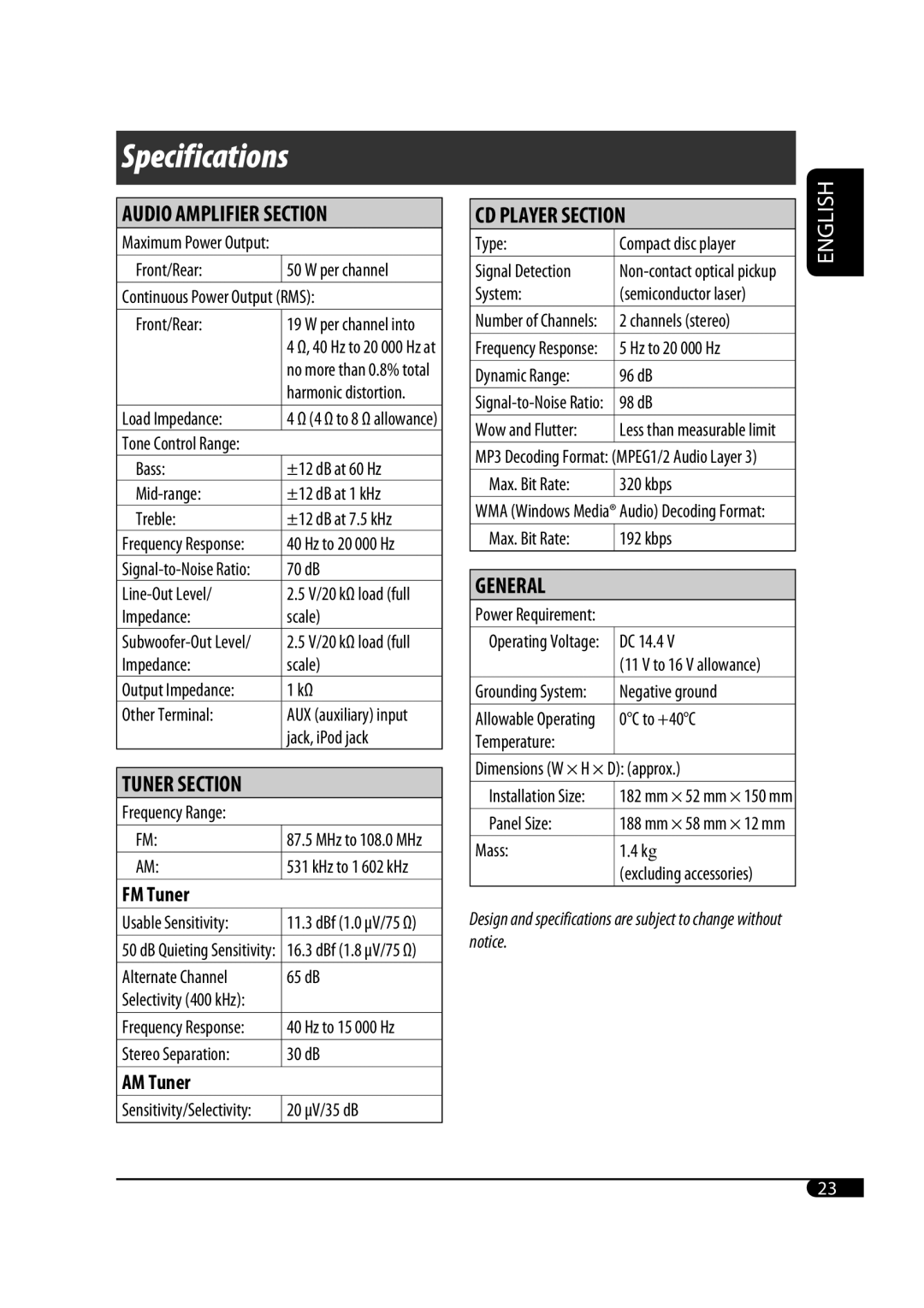 JVC GET0425-001A manual Maximum Power Output Front/Rear, 0C to +40C Temperature Dimensions W × H × D approx 