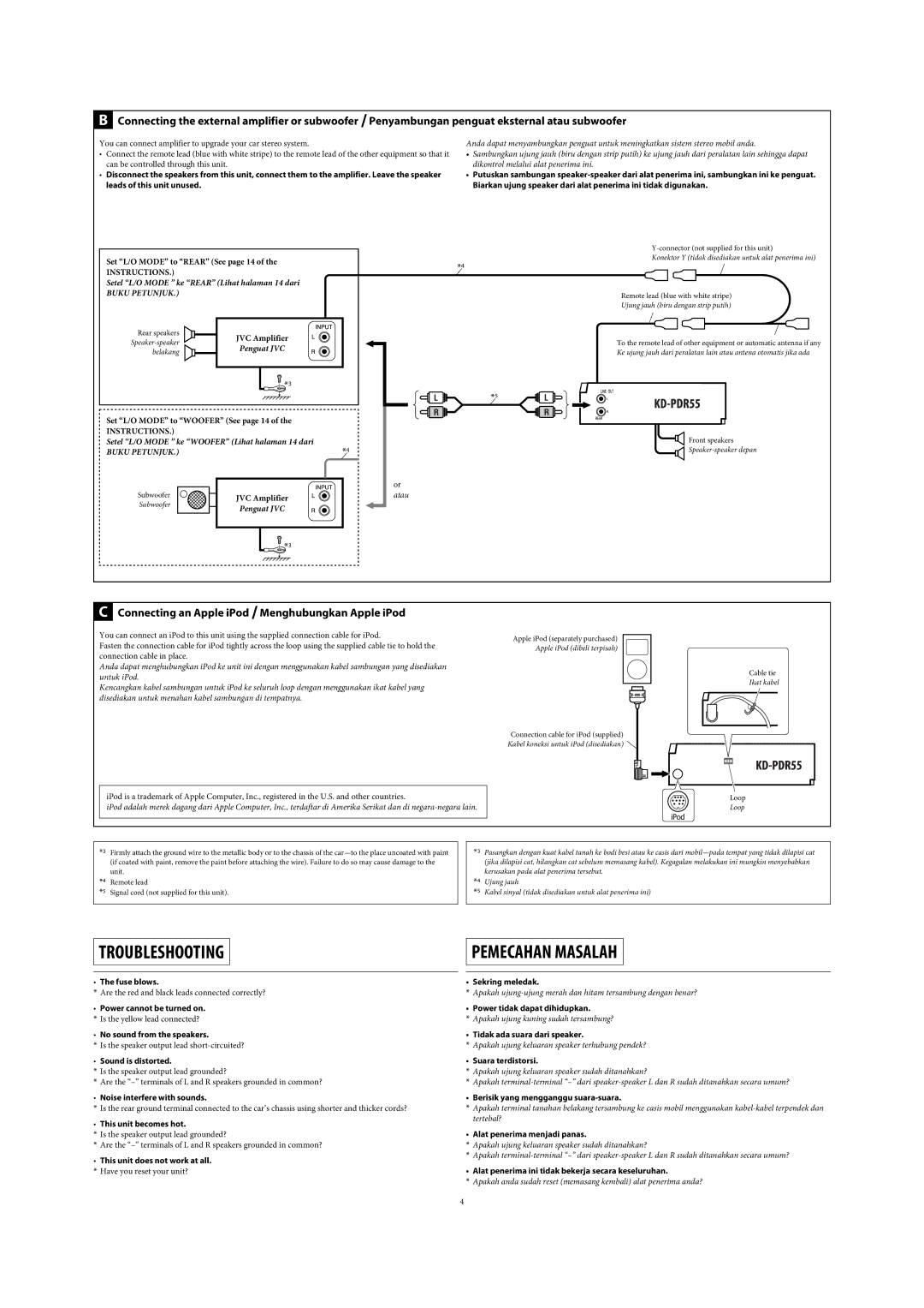 JVC GET0425-001A manual Connecting an Apple iPod / Menghubungkan Apple iPod, Buku Petunjuk 