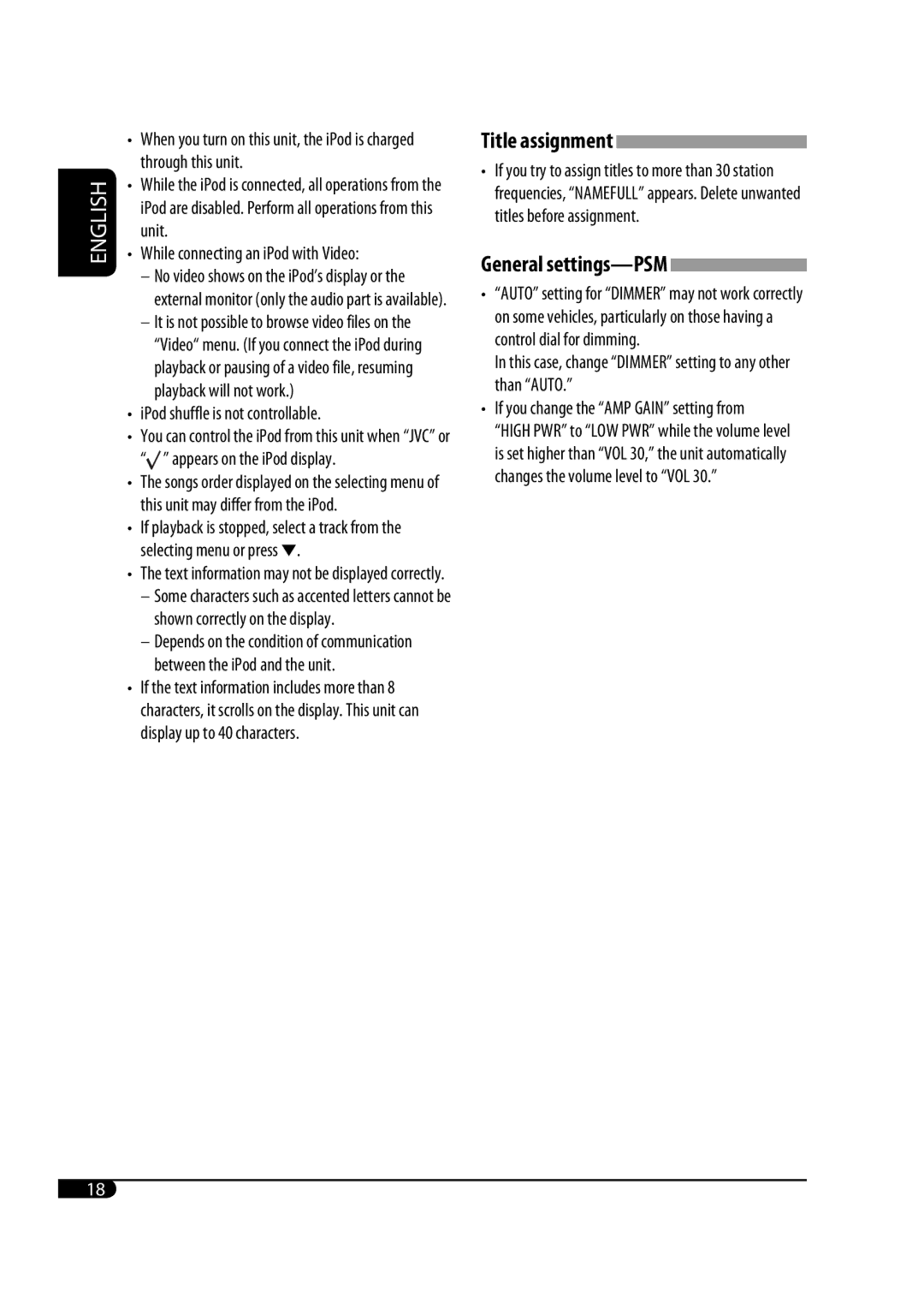 JVC GET0425-001A manual Title assignment, While connecting an iPod with Video, IPod shuffle is not controllable 