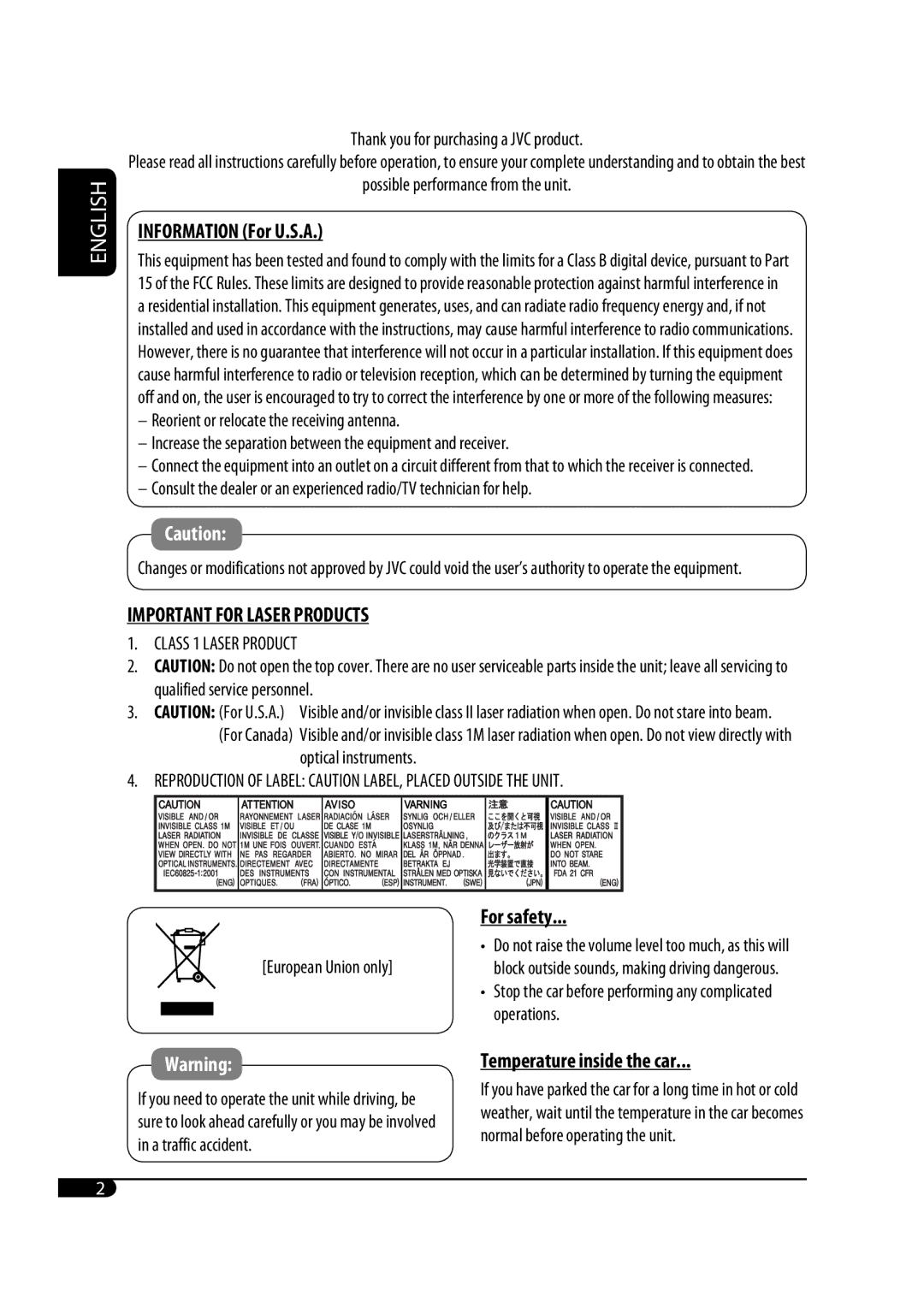 JVC GET0425-001A manual Information For U.S.A, For safety, Temperature inside the car 