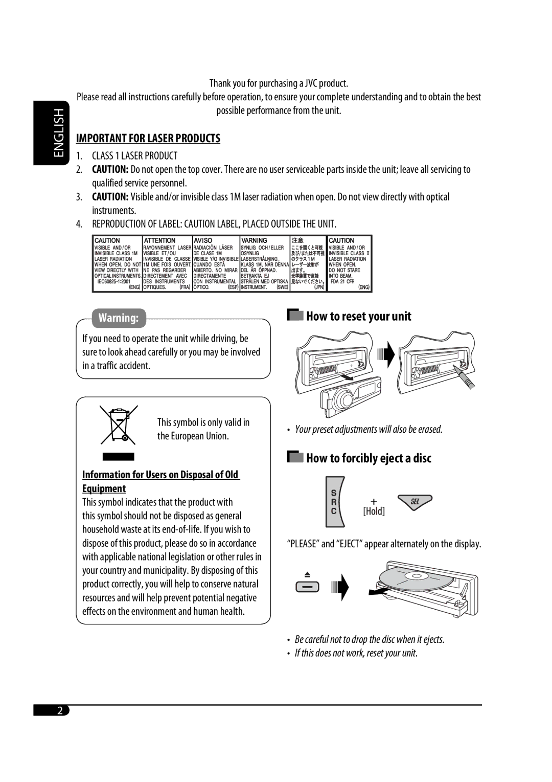 JVC GET0425-001A manual Thank you for purchasing a JVC product, Information for Users on Disposal of Old Equipment 