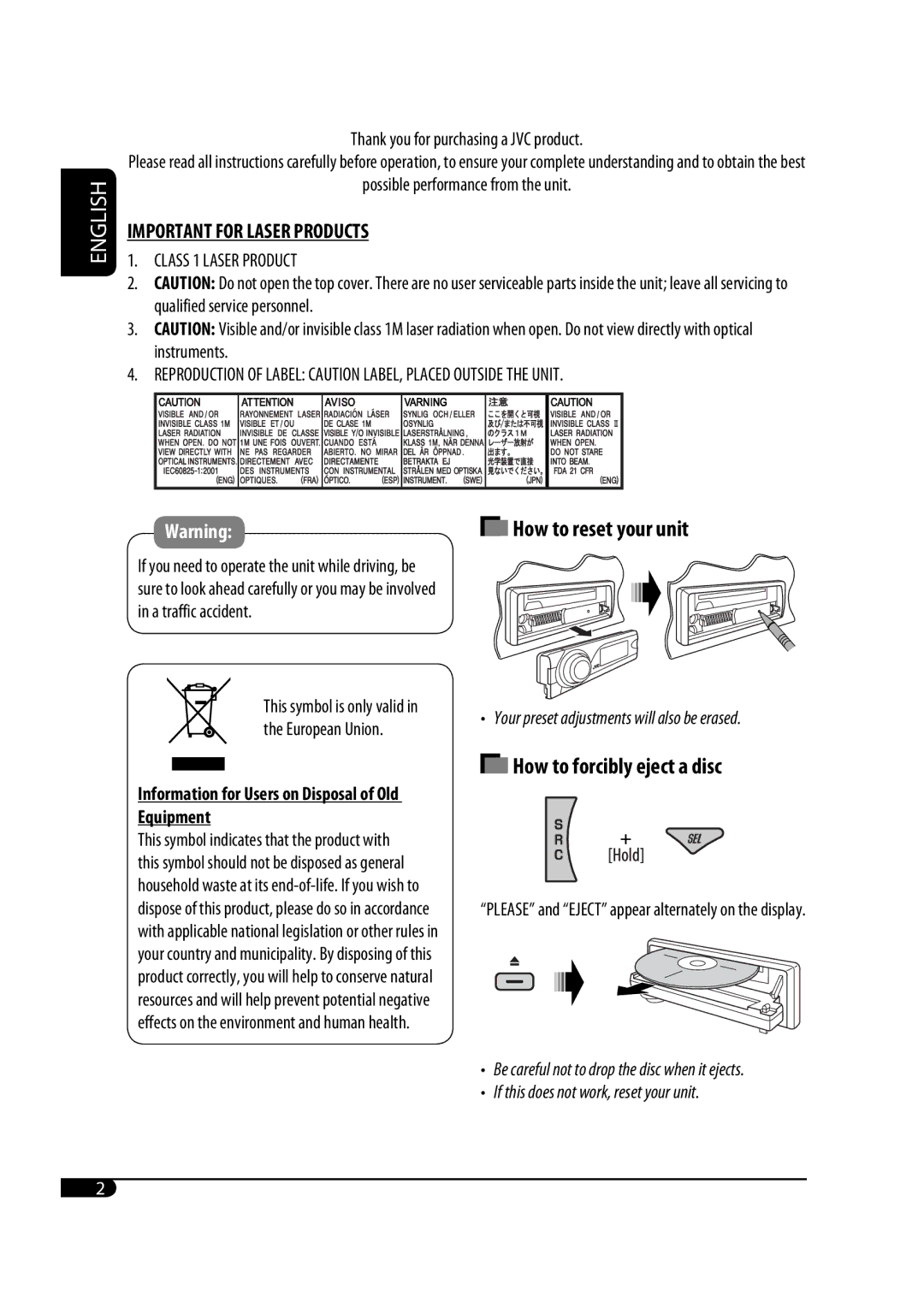 JVC GET0425-001A manual How to reset your unit 