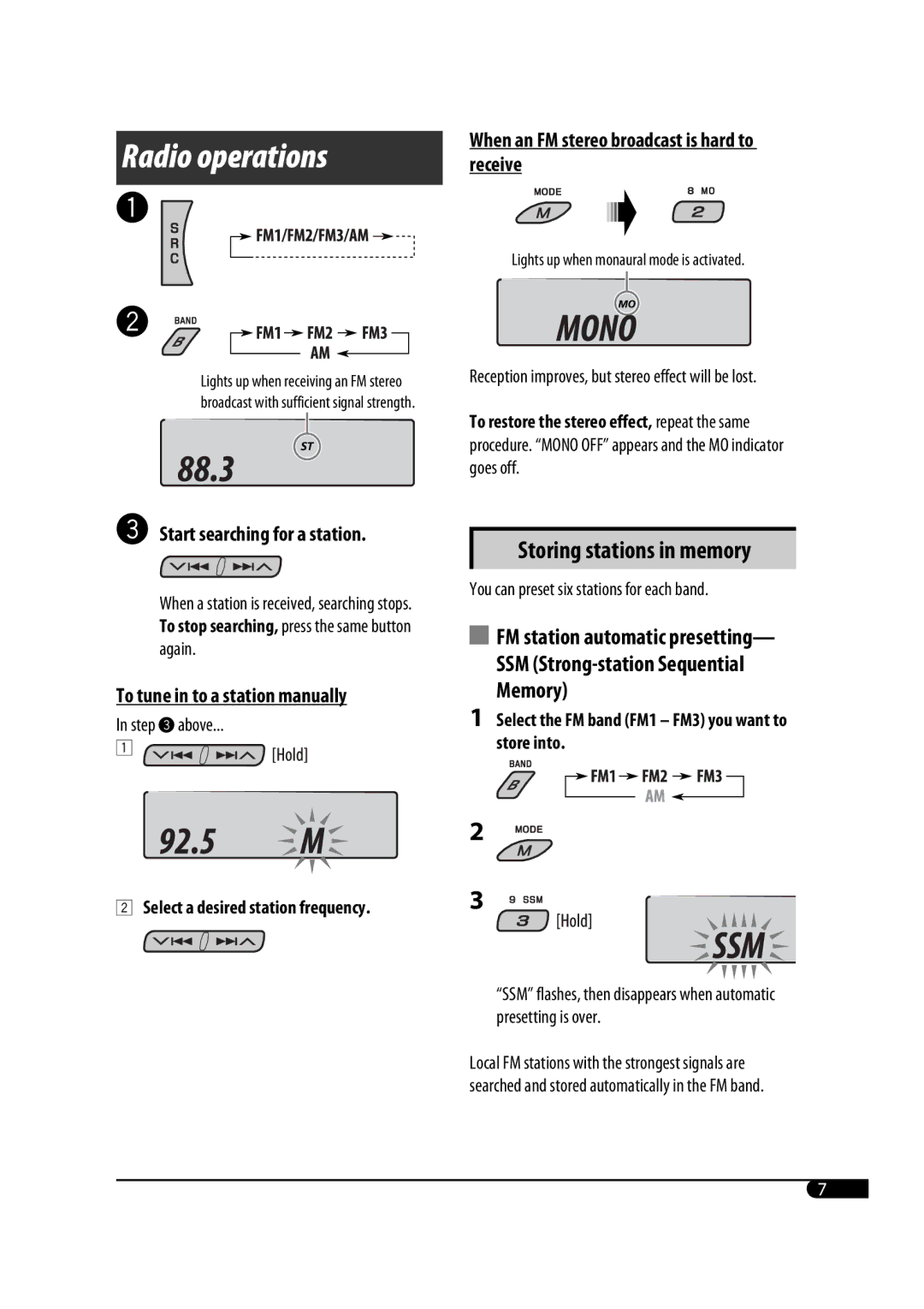 JVC GET0425-001A manual When an FM stereo broadcast is hard to receive, Start searching for a station 