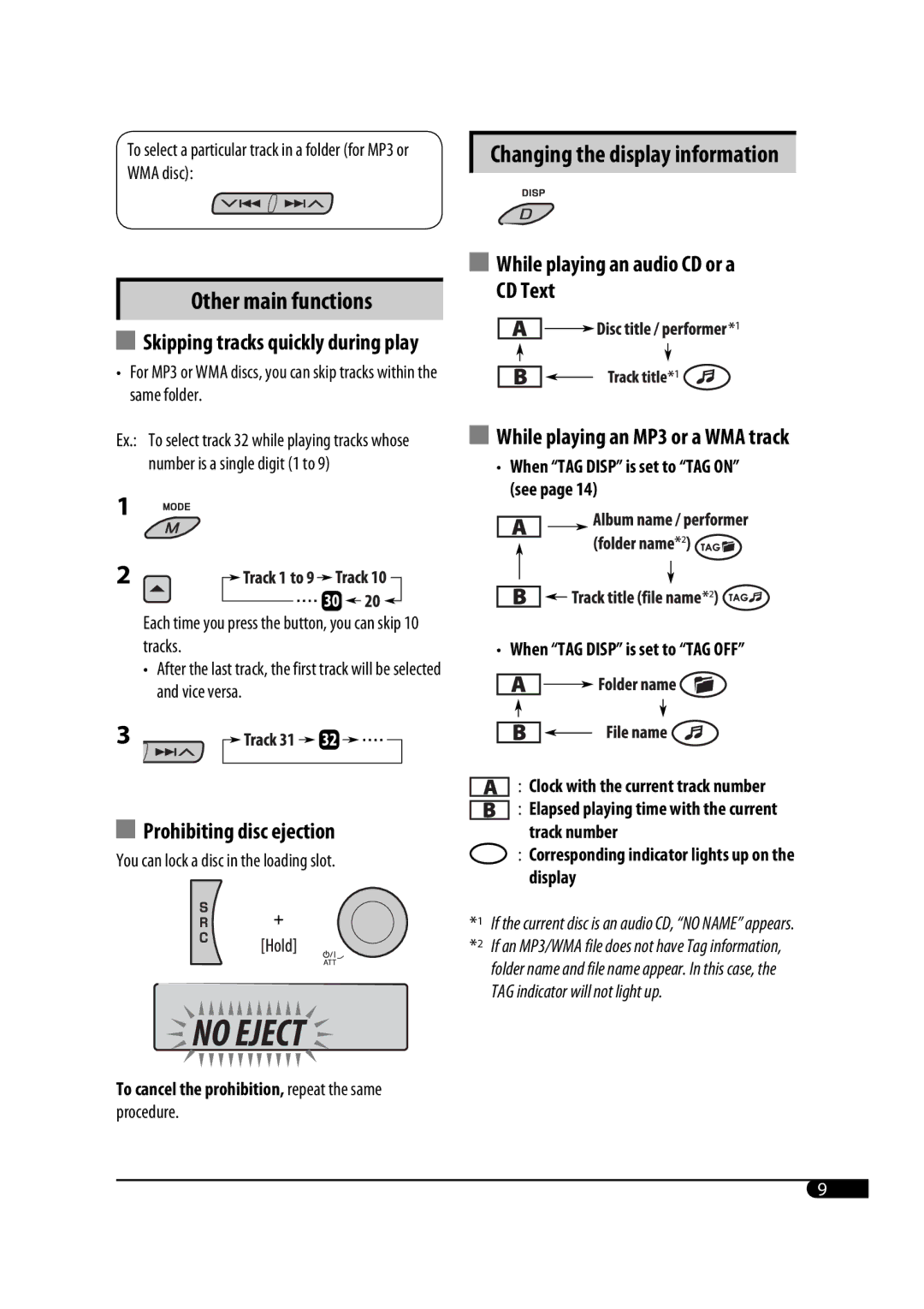 JVC GET0425-001A manual To select a particular track in a folder for MP3 or WMA disc, When TAG Disp is set to TAG OFF 