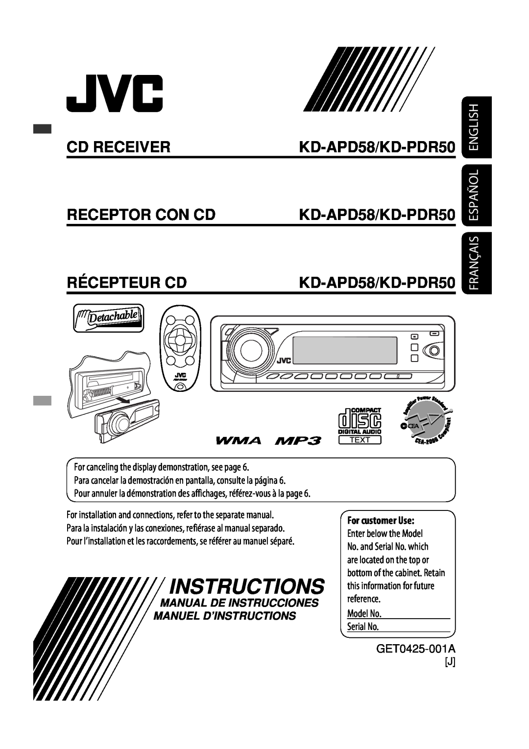 JVC GET0425-001A manual Instructions, Cd Receiver Receptor Con Cd Récepteur Cd, Français Español English 