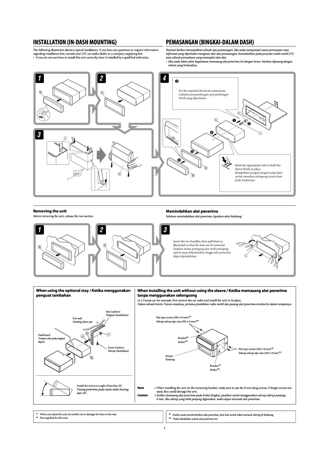 JVC GET0425-001A manual Pemasangan Bingkai-Dalam Dash, Memindahkan alat penerima, Installation In-Dash Mounting, Catatan 