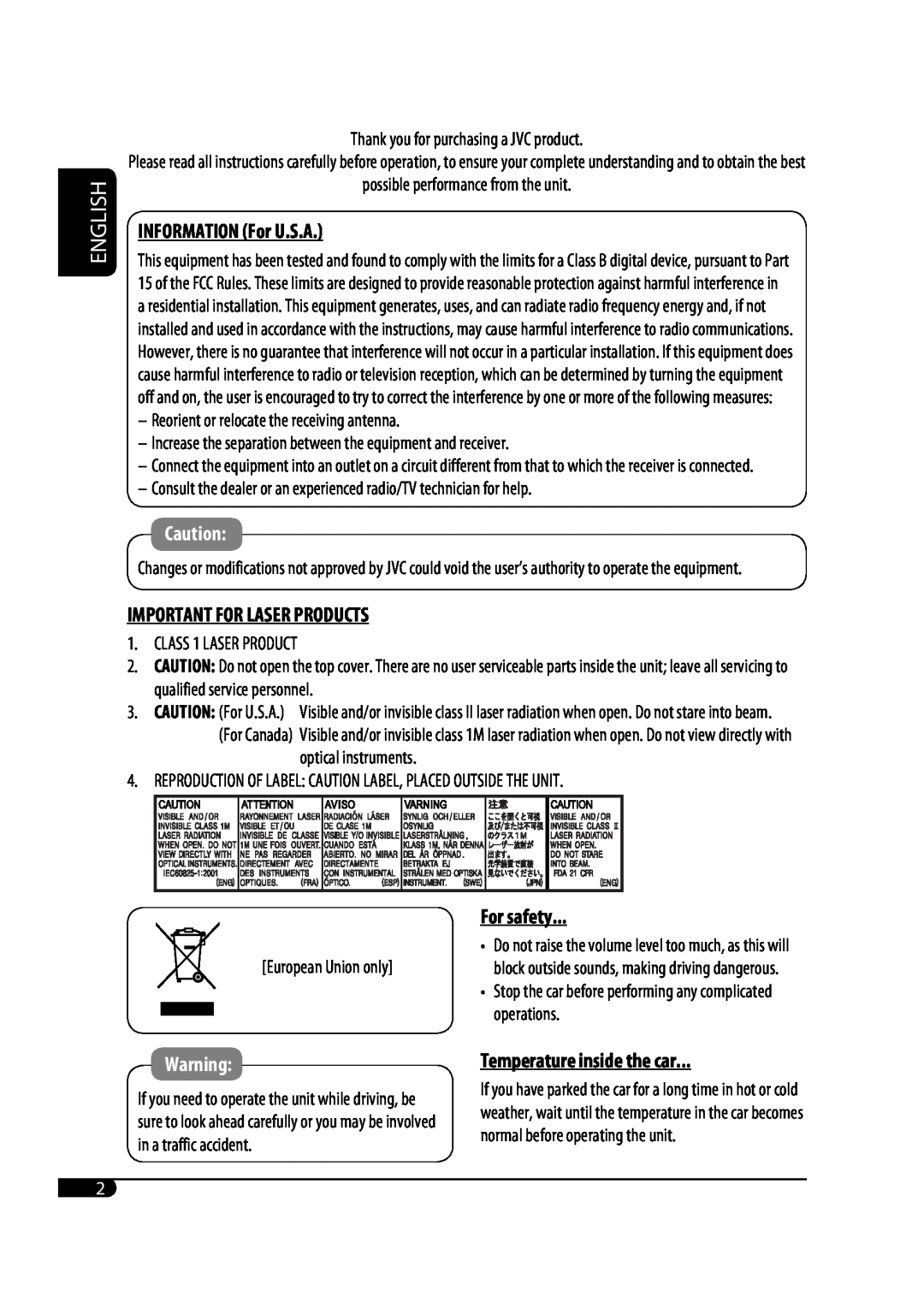 JVC GET0425-001A English, INFORMATION For U.S.A, Important For Laser Products, For safety, Temperature inside the car 