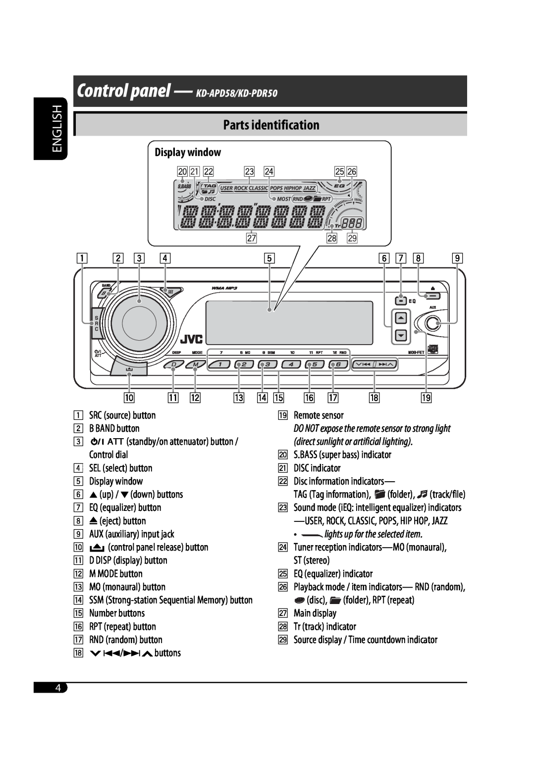 JVC GET0425-001A manual Parts identification, Display window, English, Control panel - KD-APD58/KD-PDR50 