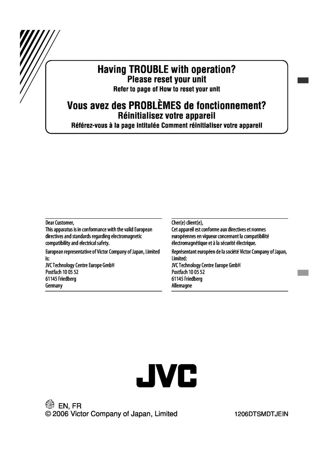 JVC GET0425-001A manual Having TROUBLE with operation?, Vous avez des PROBLÈMES de fonctionnement?, Please reset your unit 