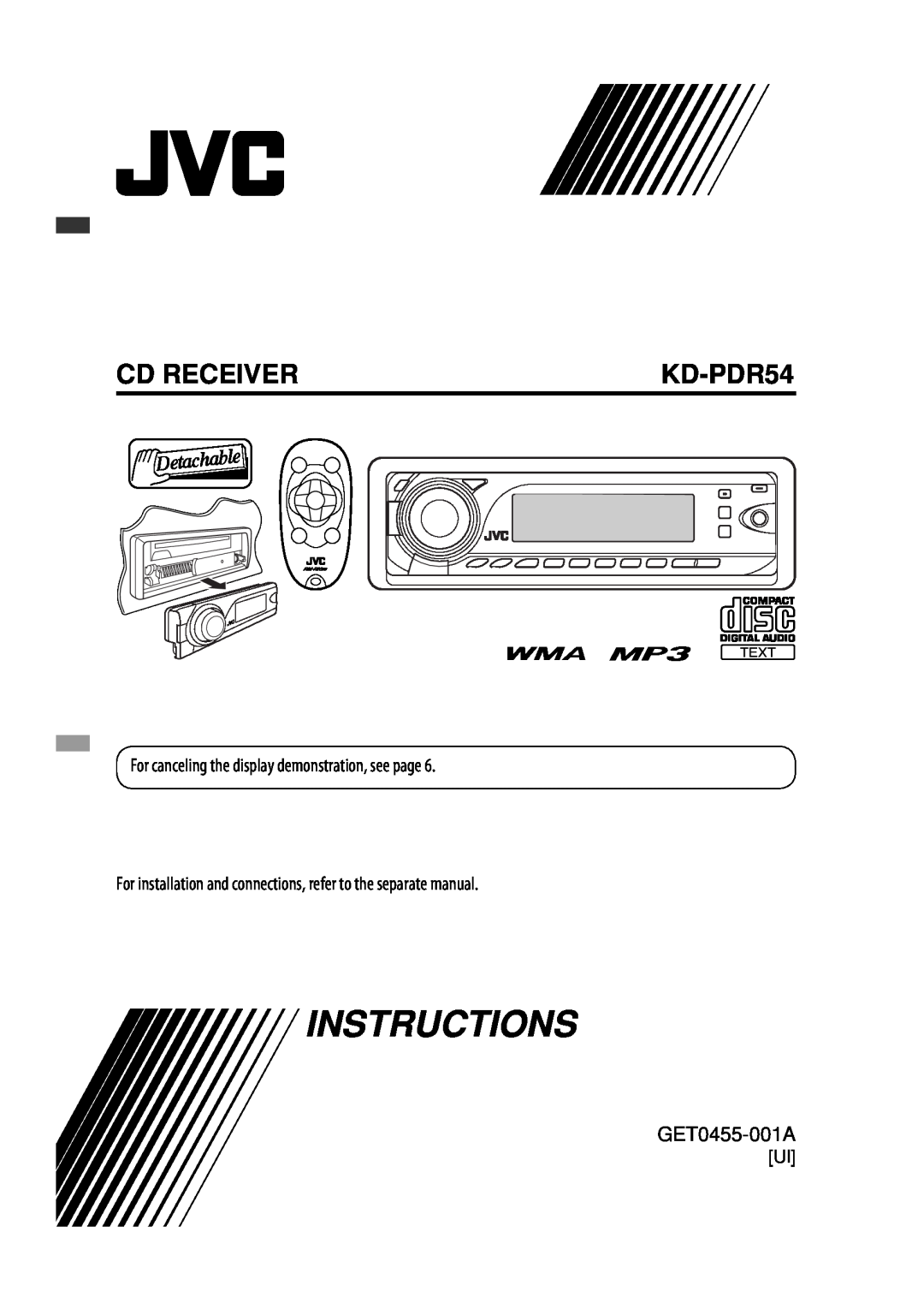 JVC GET0425-001A manual KD-PDR54, Instructions, Cd Receiver, GET0455-001A 
