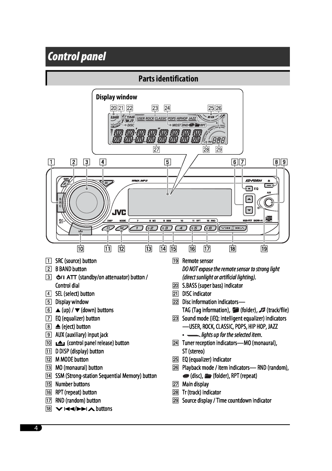 JVC GET0425-001A manual Control panel, Parts identification, Display window, lights up for the selected item 