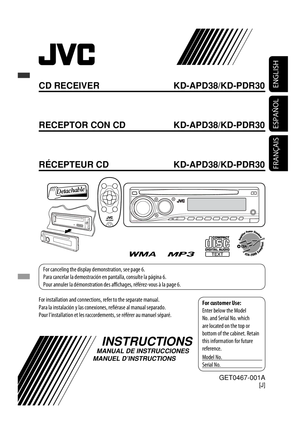 JVC manual For customer Use, Model No Serial No GET0467-001A 