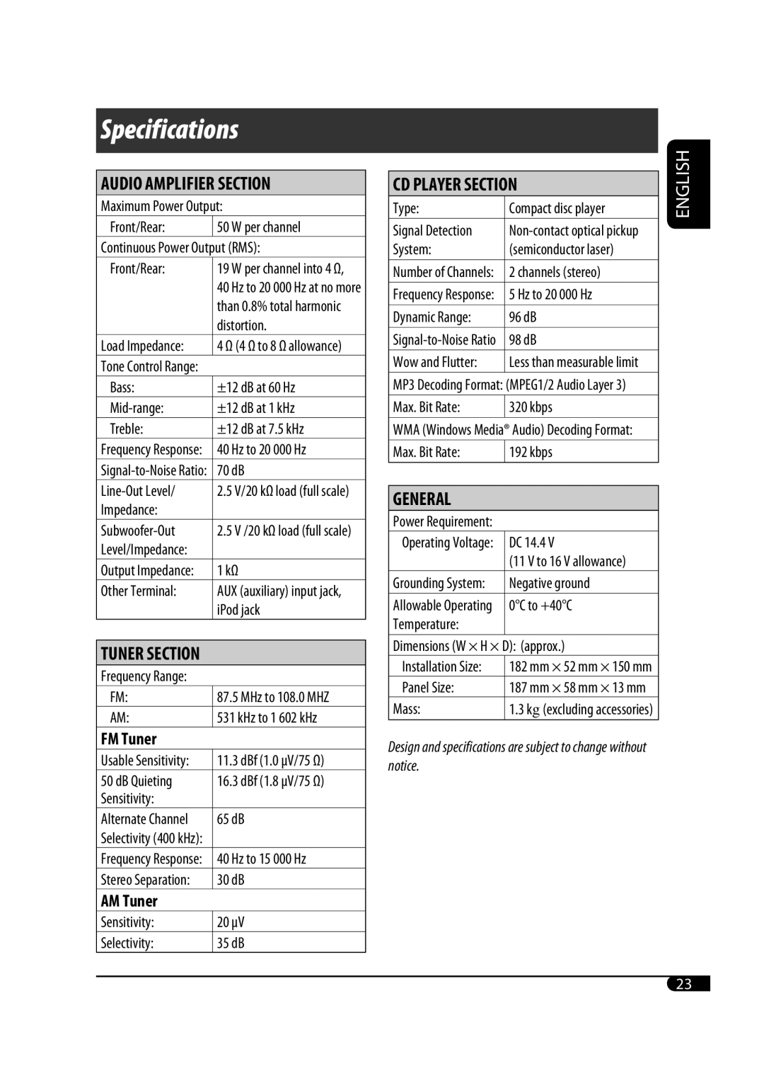 JVC GET0467-001A manual Distortion, IPod jack, DB Quieting, Sensitivity 20 μV Selectivity 35 dB 