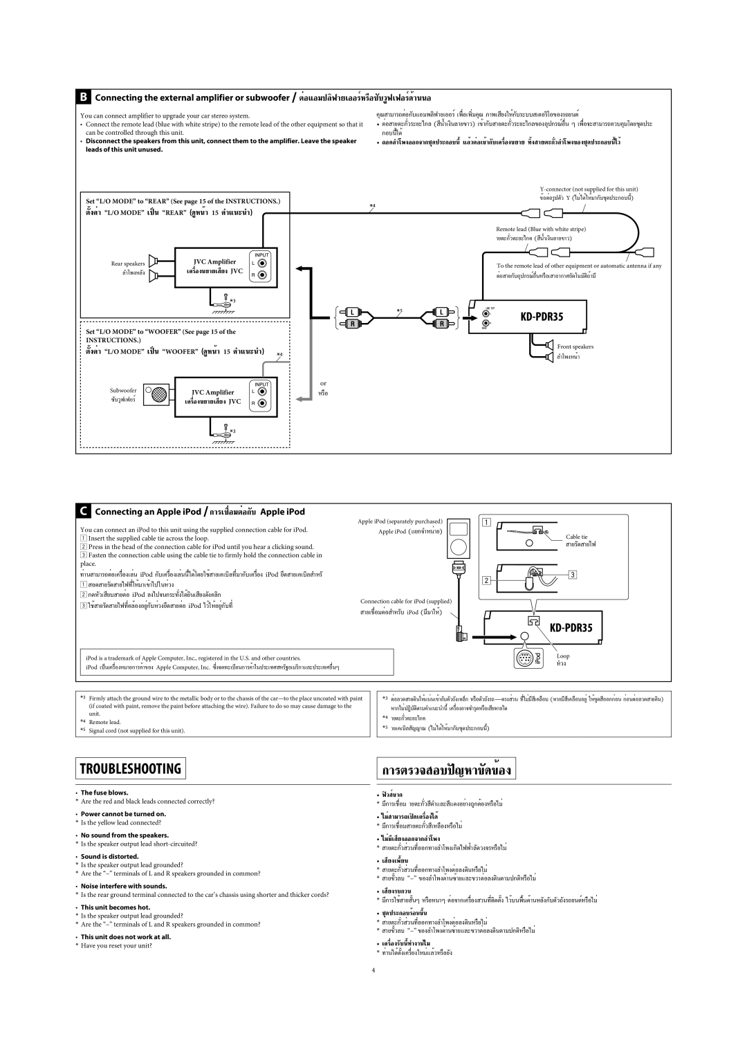 JVC GET0467-001A manual Μß§ËÈ- L/O Mode ‡ªìπ Rear ¥ŸÀπÈ 15 §·π-π, Connecting an Apple iPod / √‡ËÕ¡µËÕ- Apple iPod 