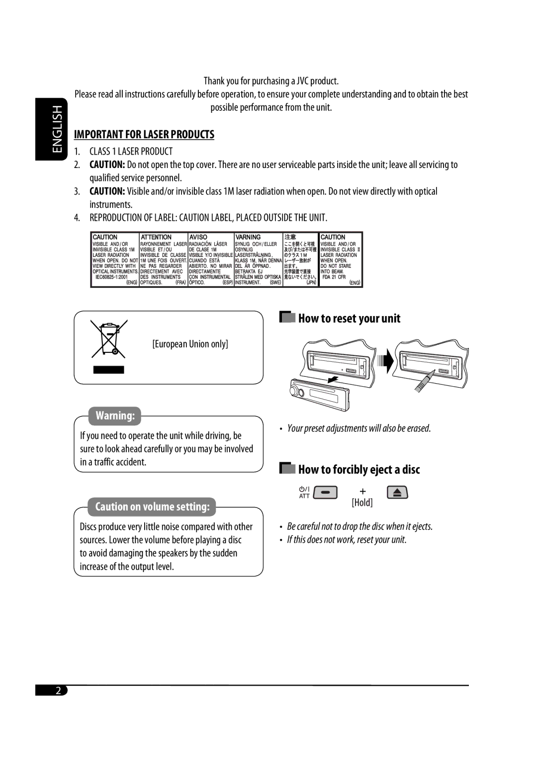 JVC GET0467-001A manual How to reset your unit 