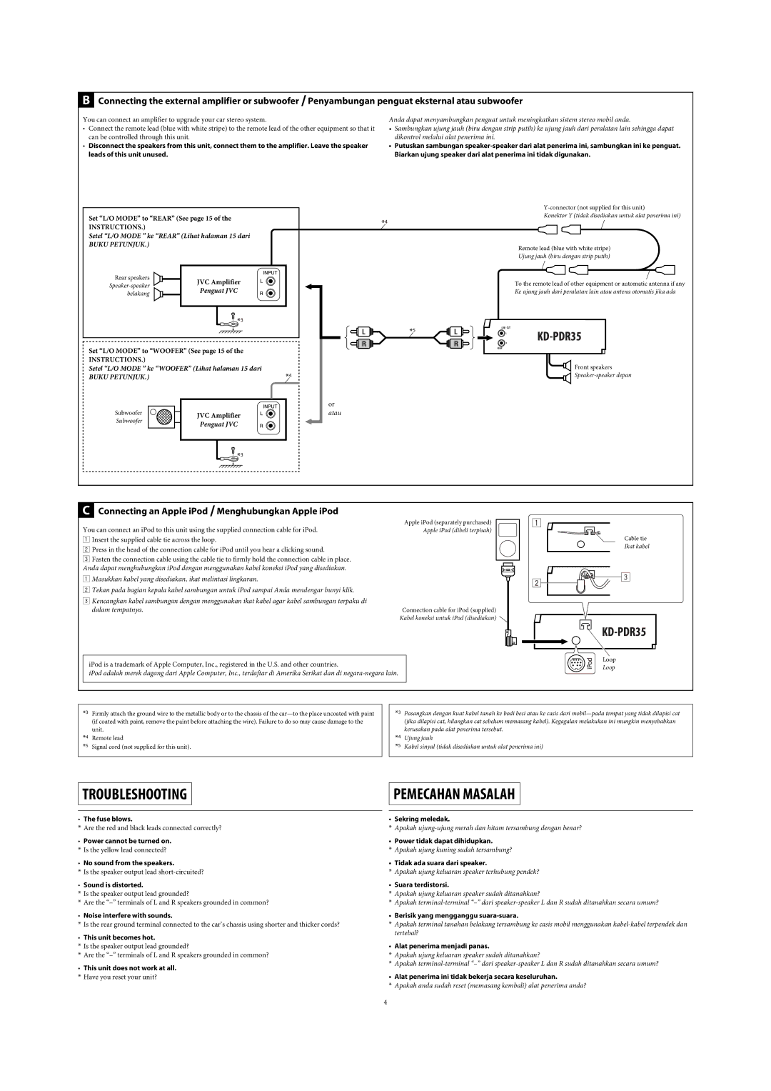 JVC GET0467-001A manual Connecting an Apple iPod / Menghubungkan Apple iPod, Buku Petunjuk 