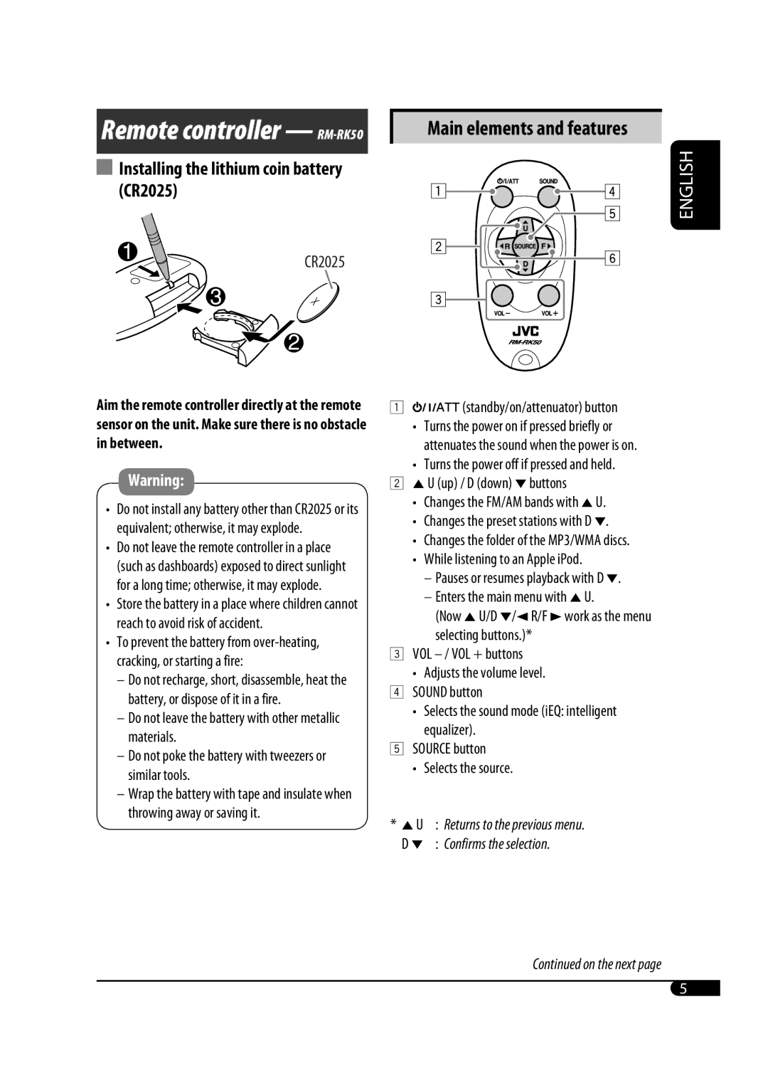 JVC GET0467-001A manual Remote controller RM-RK50 