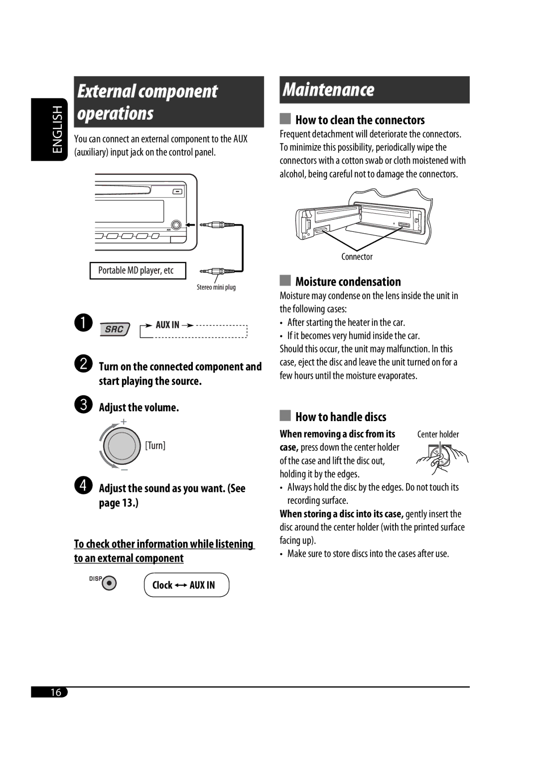 JVC GET0467-001A manual How to clean the connectors, Moisture condensation, How to handle discs, Clock Ôaux 