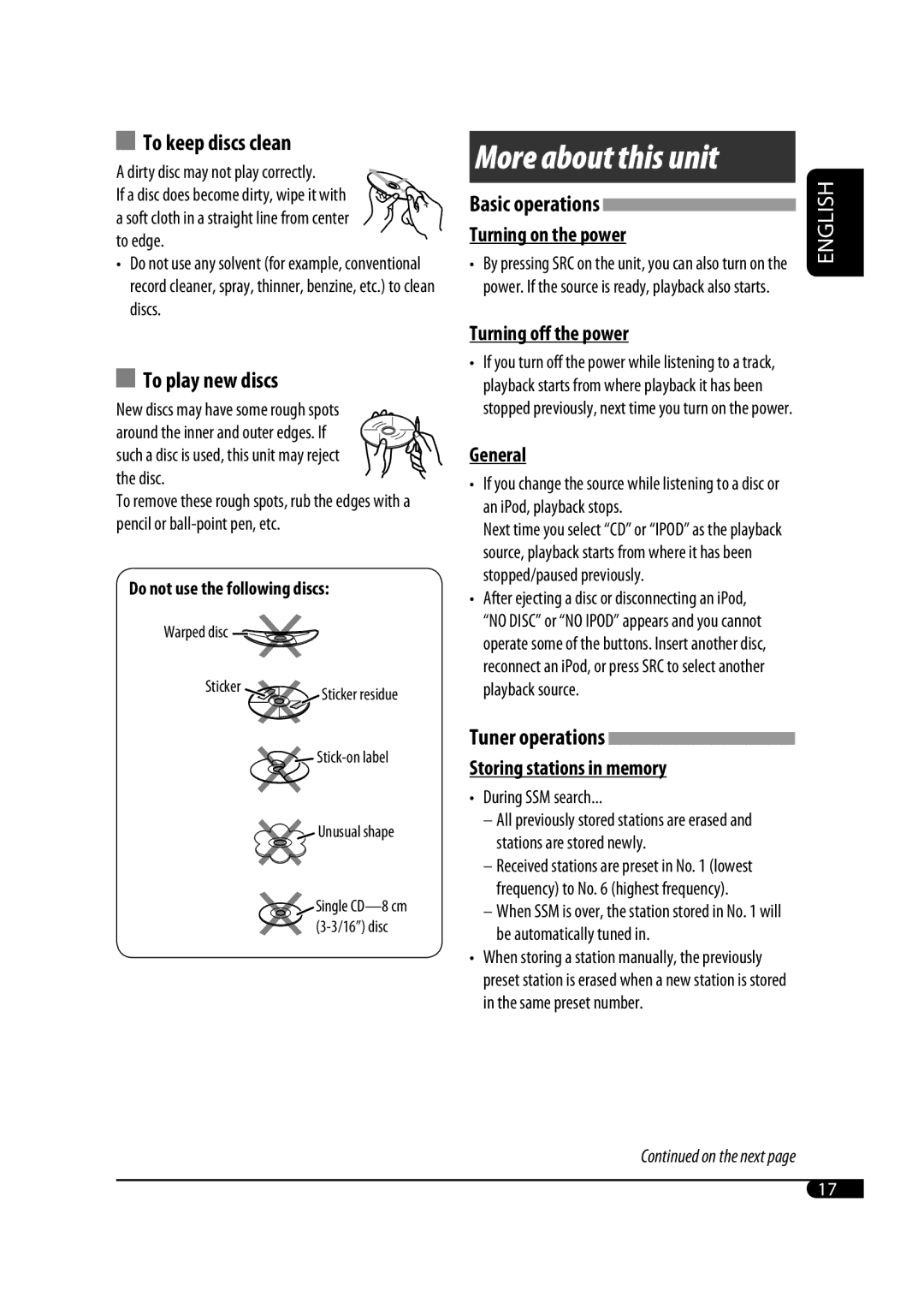 JVC GET0467-001A manual To keep discs clean, To play new discs, Tuner operations 