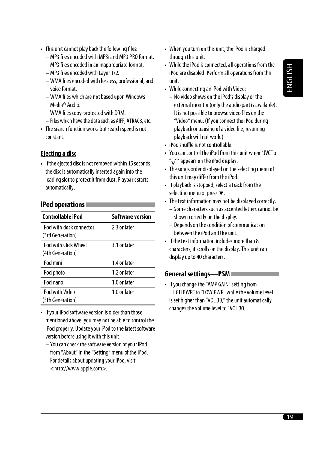 JVC GET0467-001A manual Ejecting a disc, IPod operations Controllable iPod 