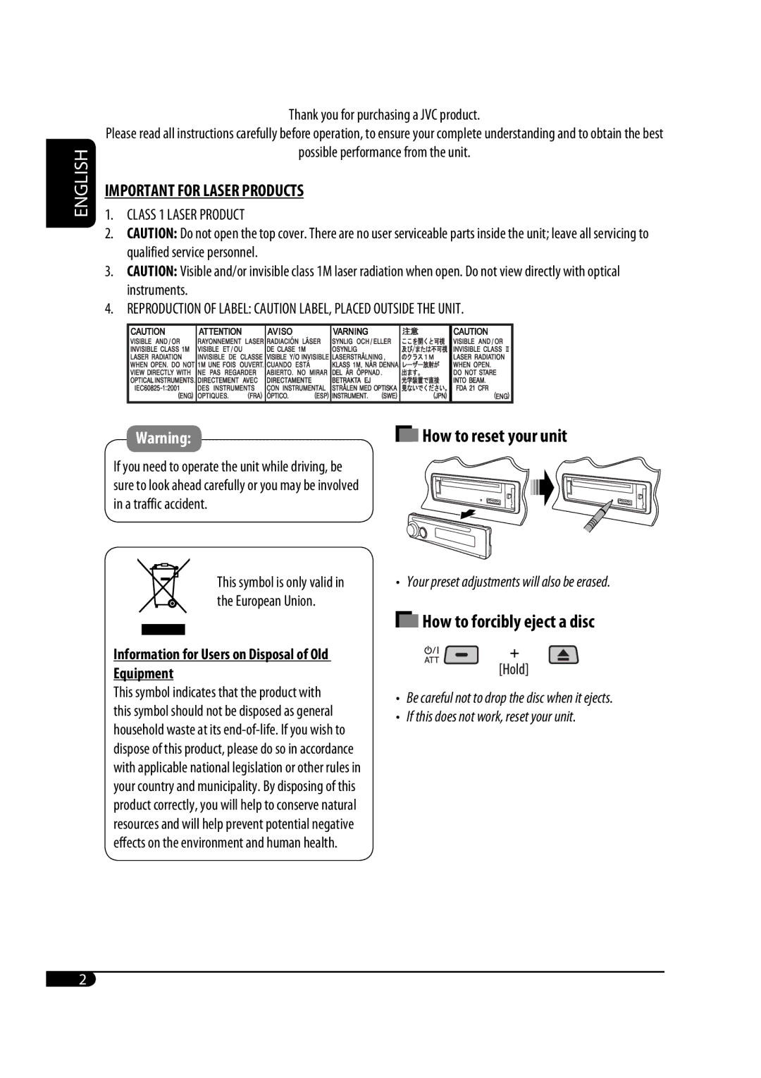 JVC GET0467-001A manual Thank you for purchasing a JVC product, Information for Users on Disposal of Old Equipment 